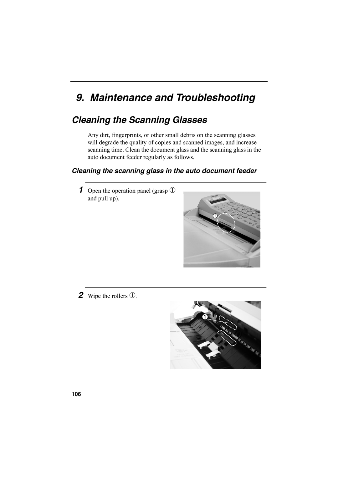 Sharp AJ-5030 operation manual Maintenance and Troubleshooting, Cleaning the Scanning Glasses 