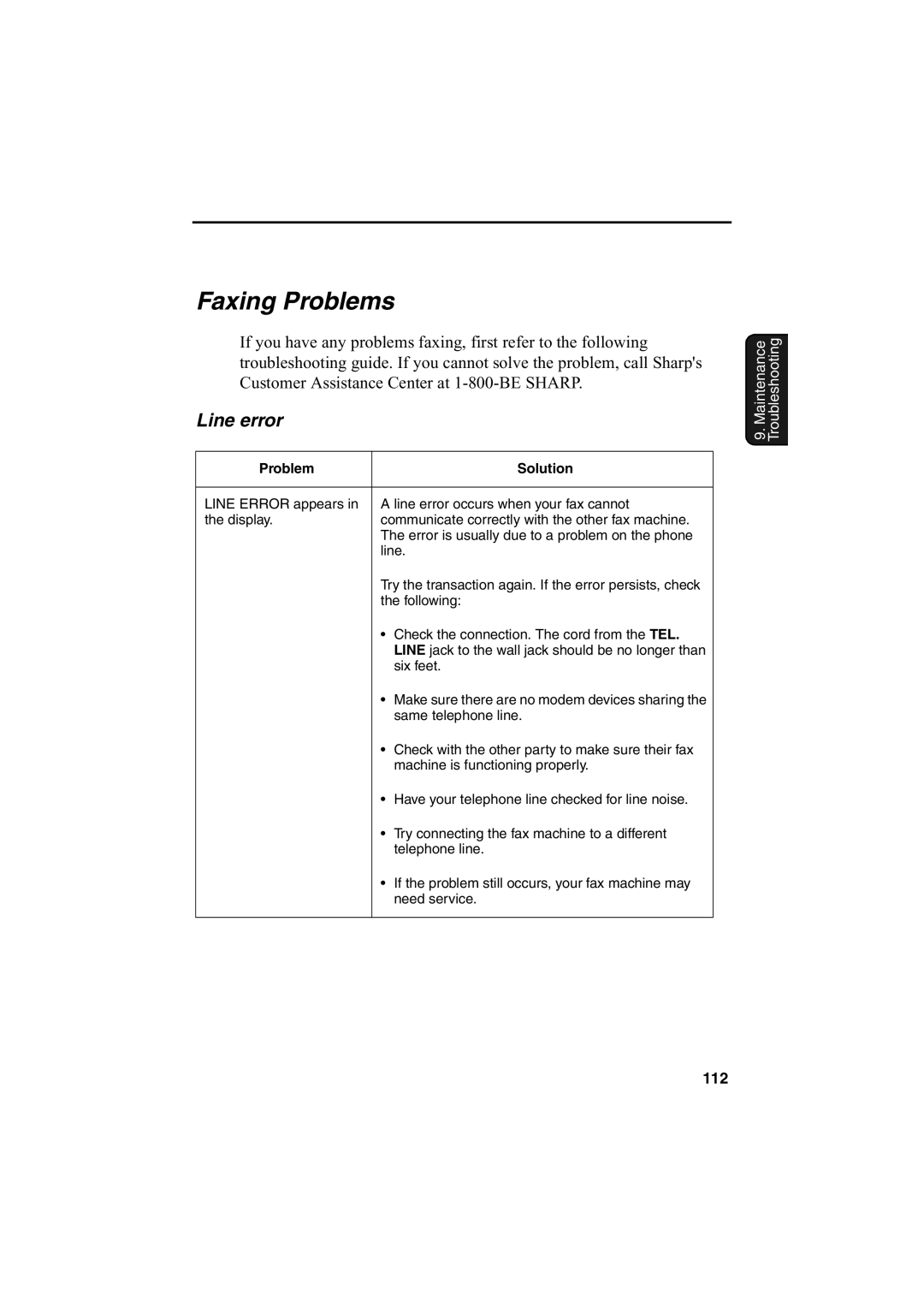 Sharp AJ-5030 operation manual Faxing Problems, Line error 