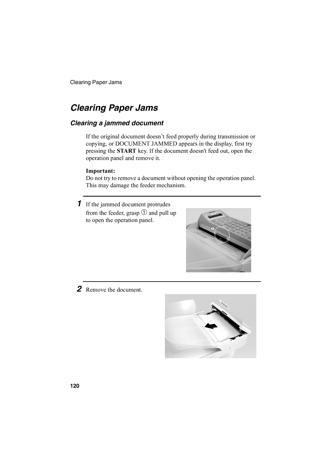 Sharp AJ-5030 operation manual Clearing Paper Jams, Clearing a jammed document 