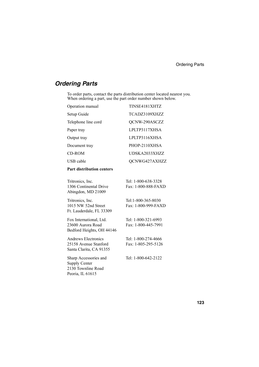 Sharp AJ-5030 operation manual Ordering Parts 