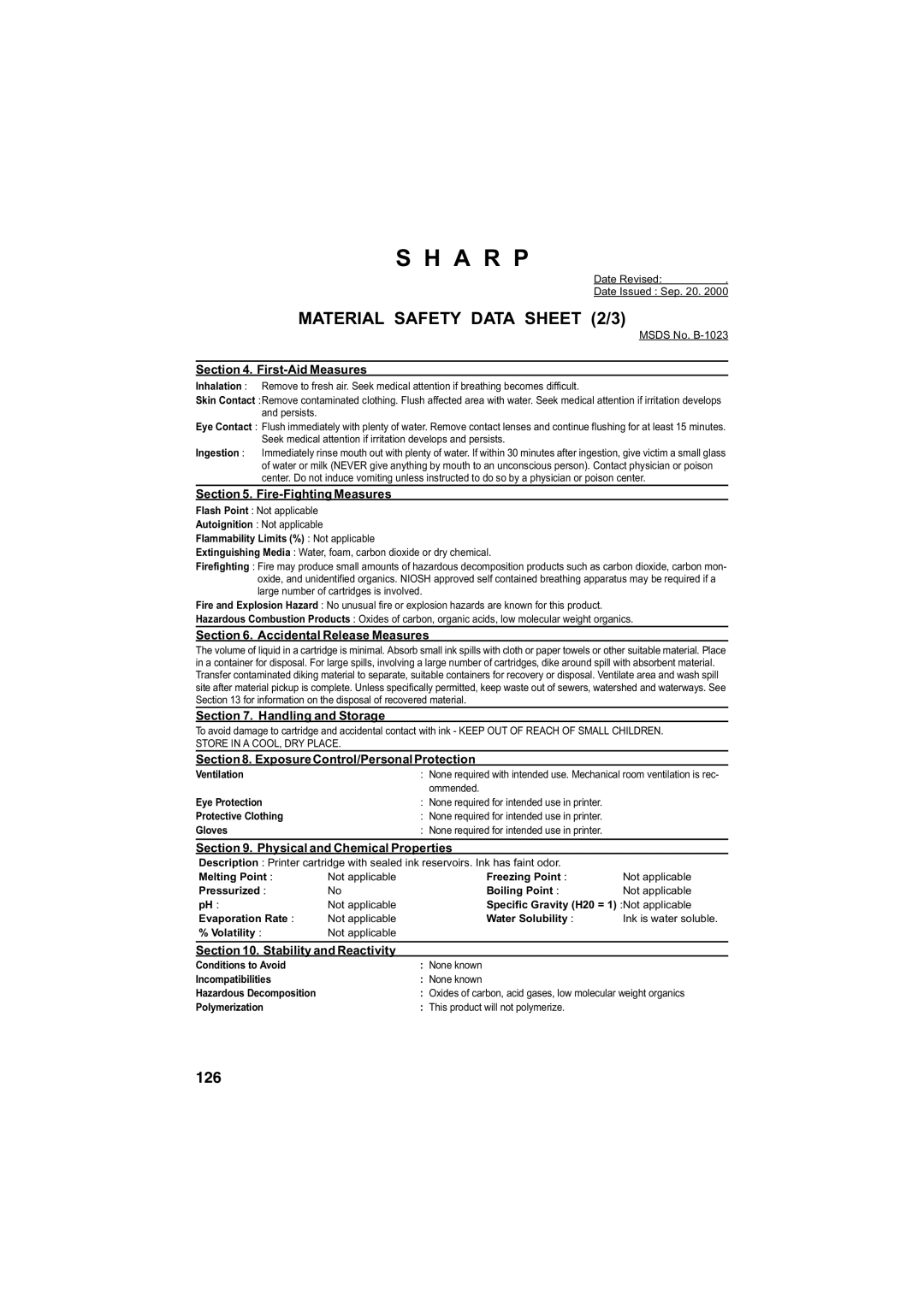 Sharp AJ-5030 operation manual Material Safety Data Sheet 2/3 