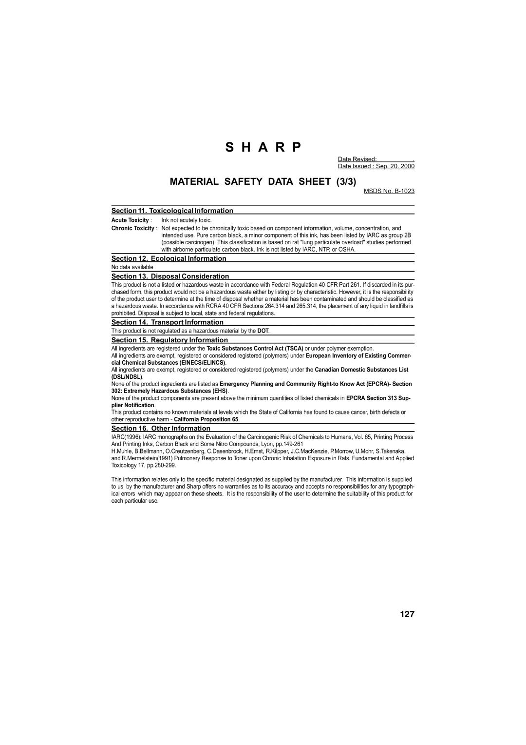 Sharp AJ-5030 operation manual Material Safety Data Sheet 3/3 