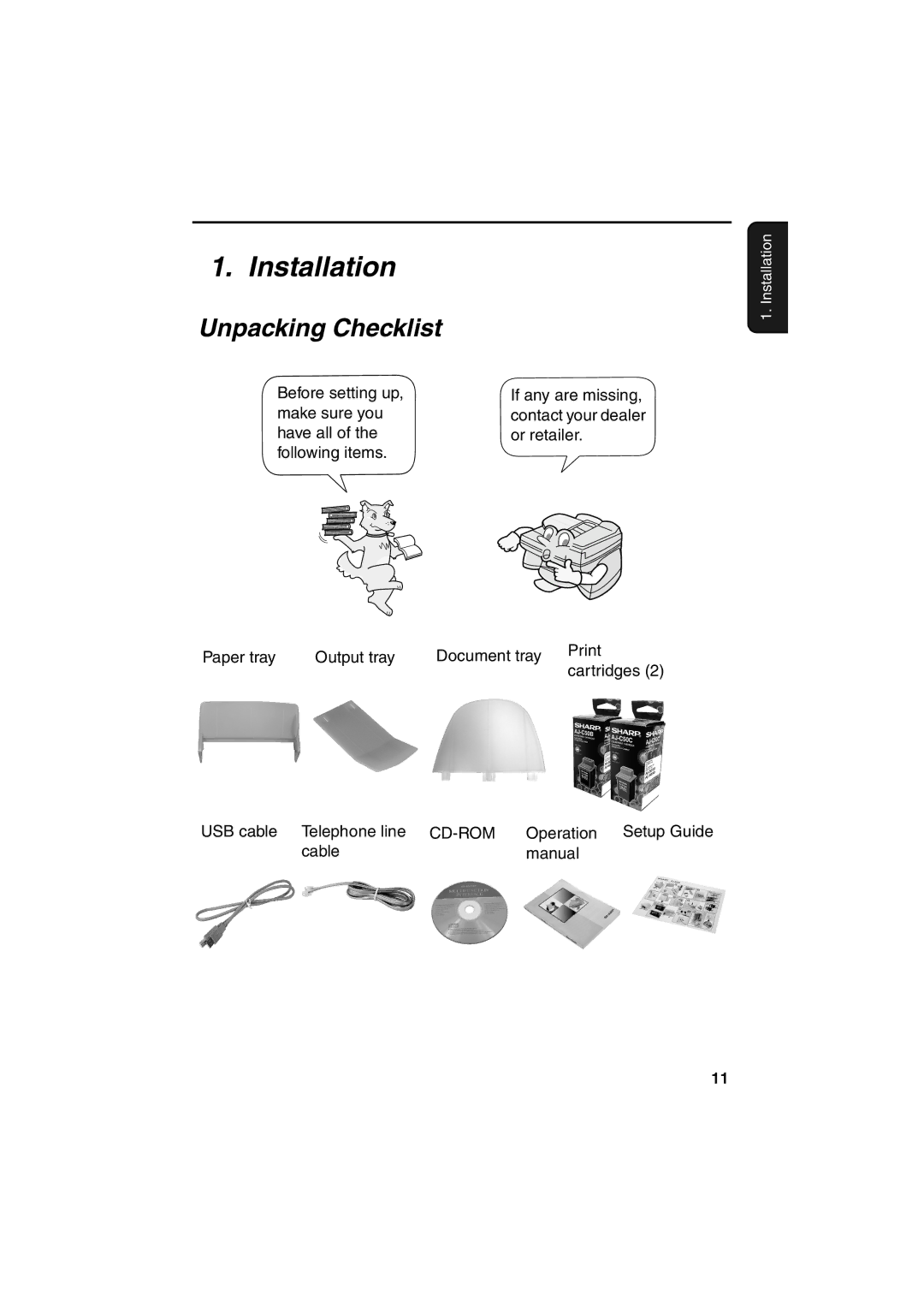 Sharp AJ-5030 operation manual Installation, Unpacking Checklist 