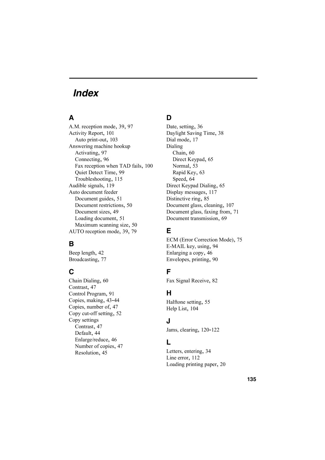 Sharp AJ-5030 operation manual Index, 135 