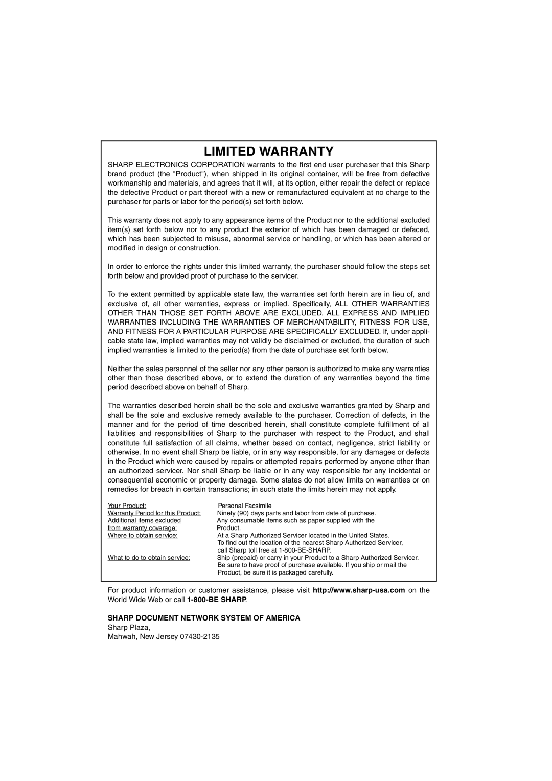 Sharp AJ-5030 operation manual Limited Warranty 