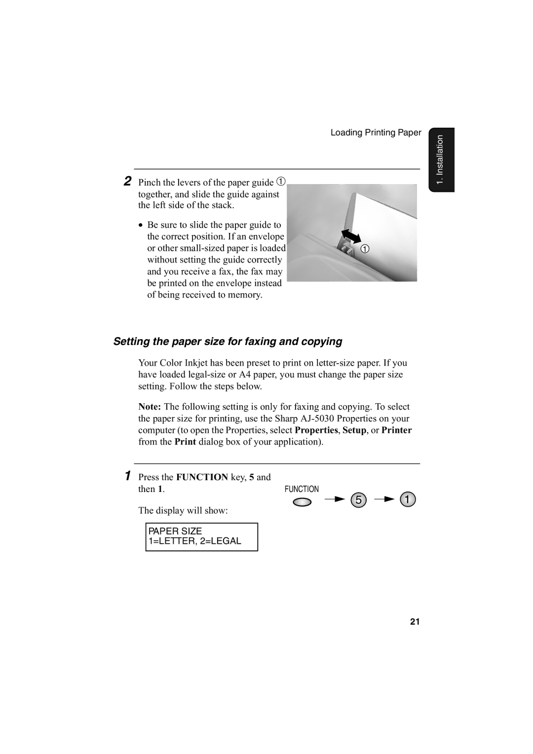 Sharp AJ-5030 operation manual Setting the paper size for faxing and copying 