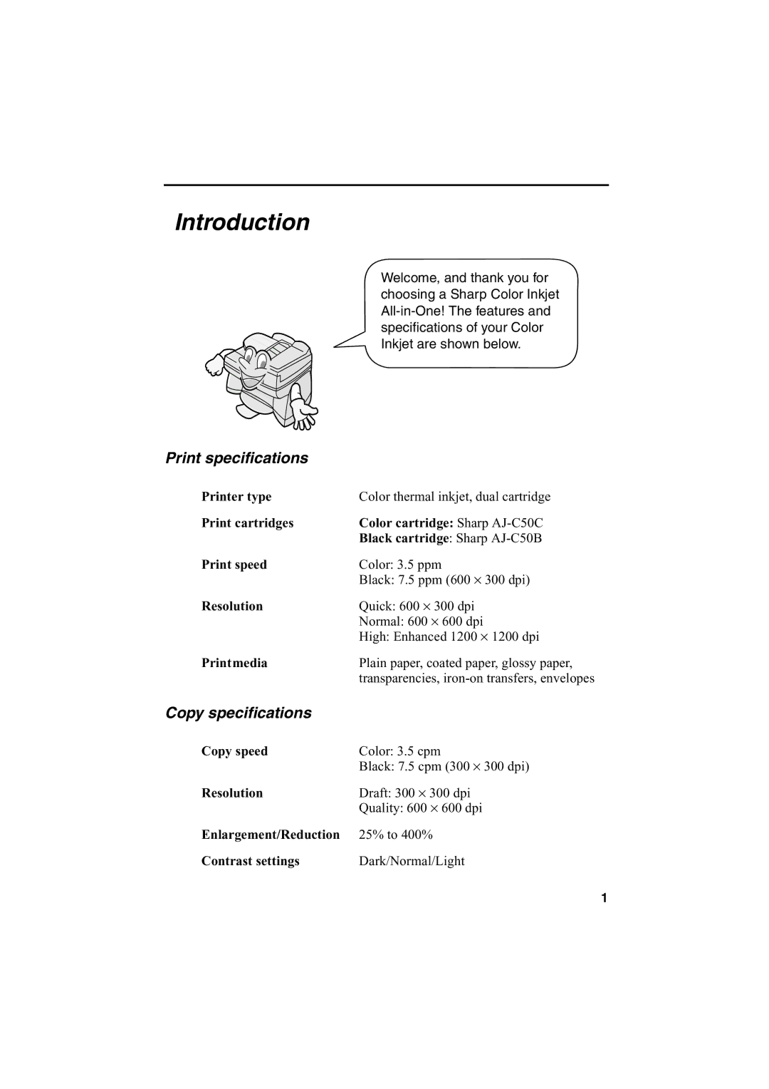 Sharp AJ-5030 operation manual Introduction, Print specifications, Copy specifications 