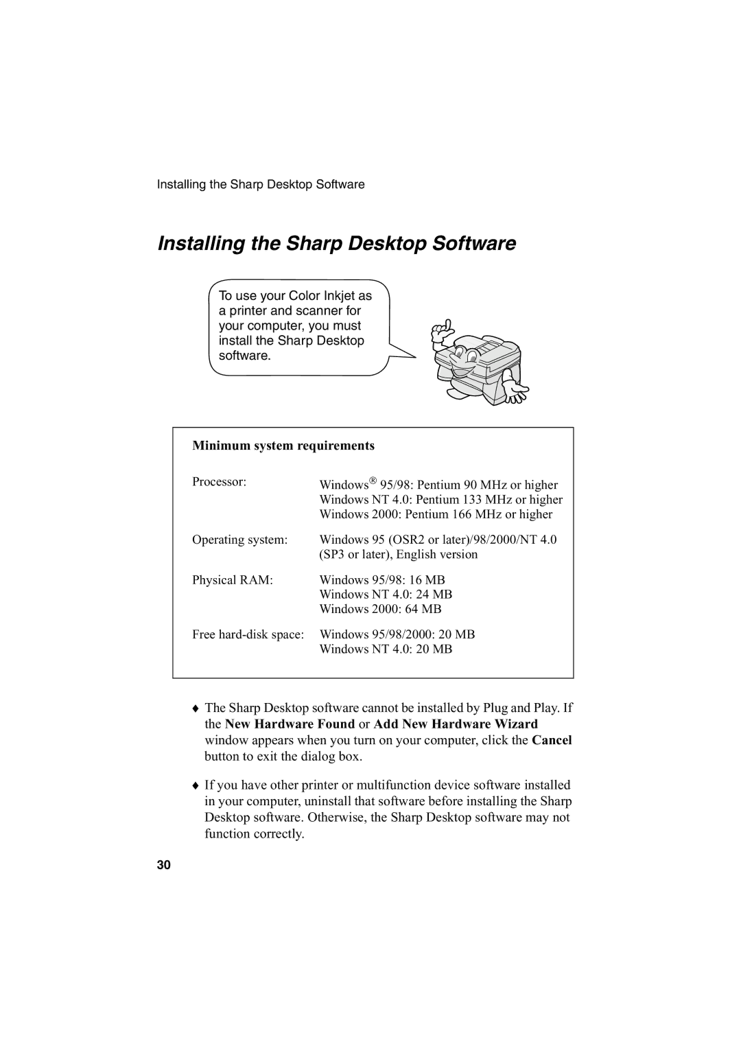 Sharp AJ-5030 operation manual Installing the Sharp Desktop Software, Minimum system requirements 