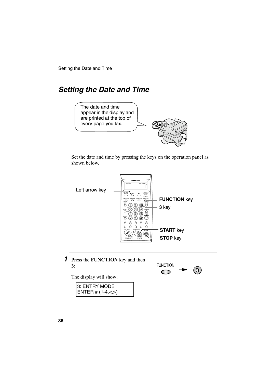 Sharp AJ-5030 operation manual Setting the Date and Time, Left arrow key 