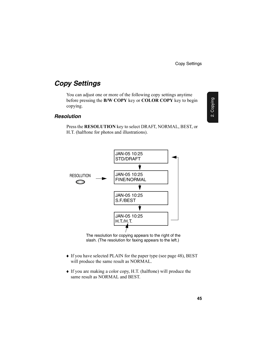 Sharp AJ-5030 operation manual Copy Settings, Resolution 