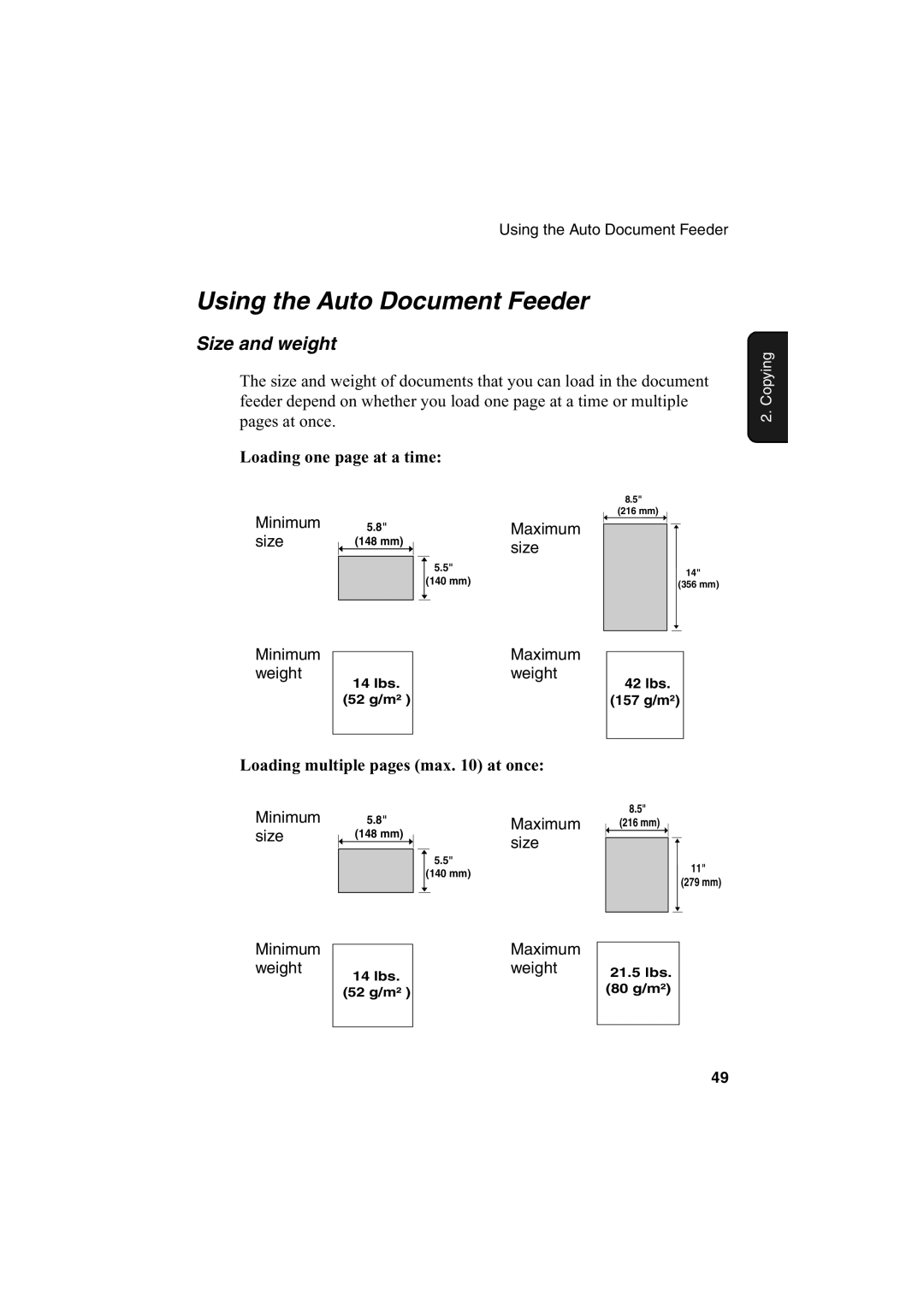 Sharp AJ-5030 operation manual Using the Auto Document Feeder, Size and weight 