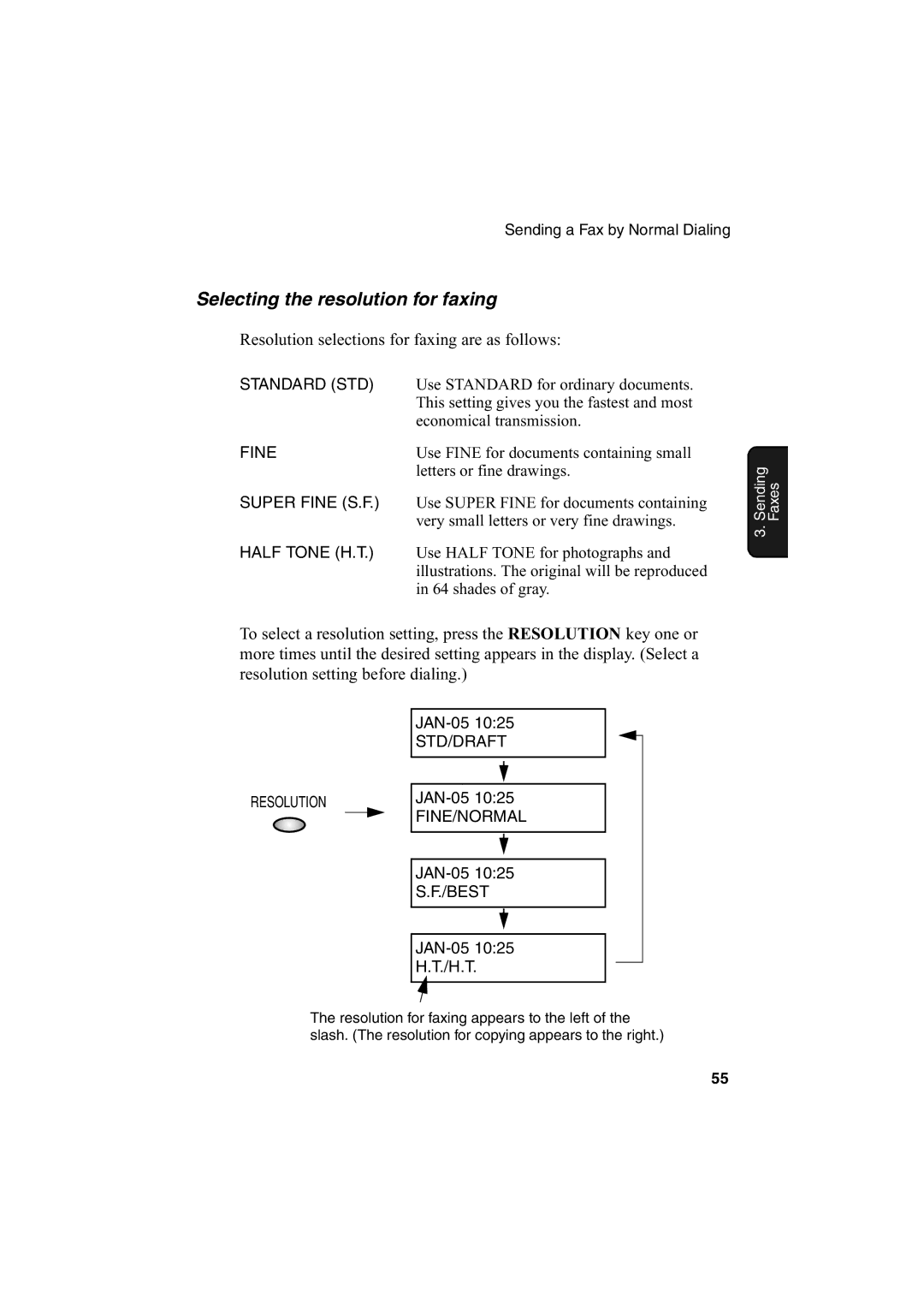 Sharp AJ-5030 operation manual Selecting the resolution for faxing, Resolution selections for faxing are as follows 