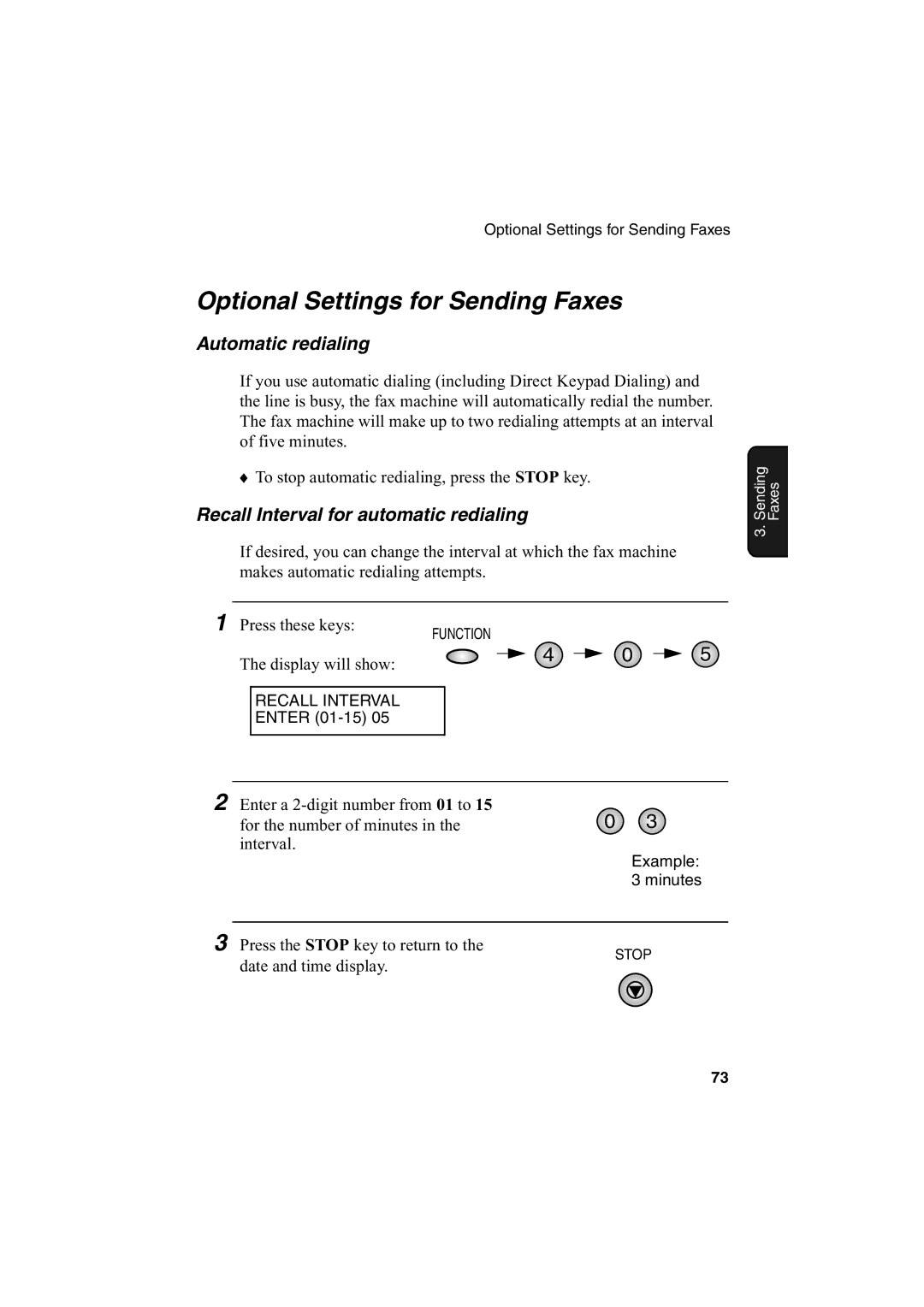 Sharp AJ-5030 Optional Settings for Sending Faxes, Automatic redialing, Recall Interval for automatic redialing 