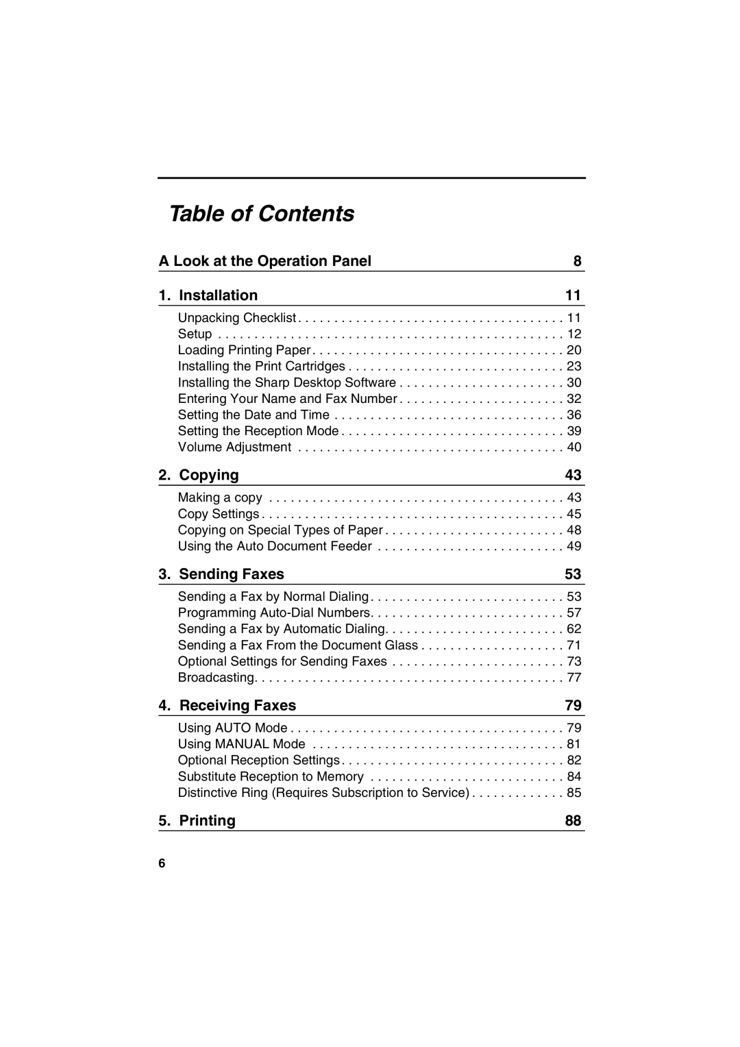 Sharp AJ-5030 operation manual Table of Contents 