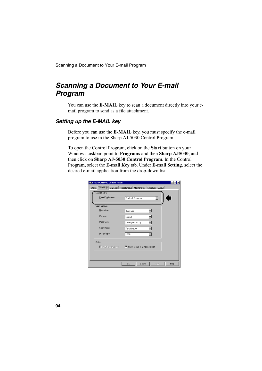 Sharp AJ-5030 operation manual Scanning a Document to Your E-mail Program, Setting up the E-MAIL key 