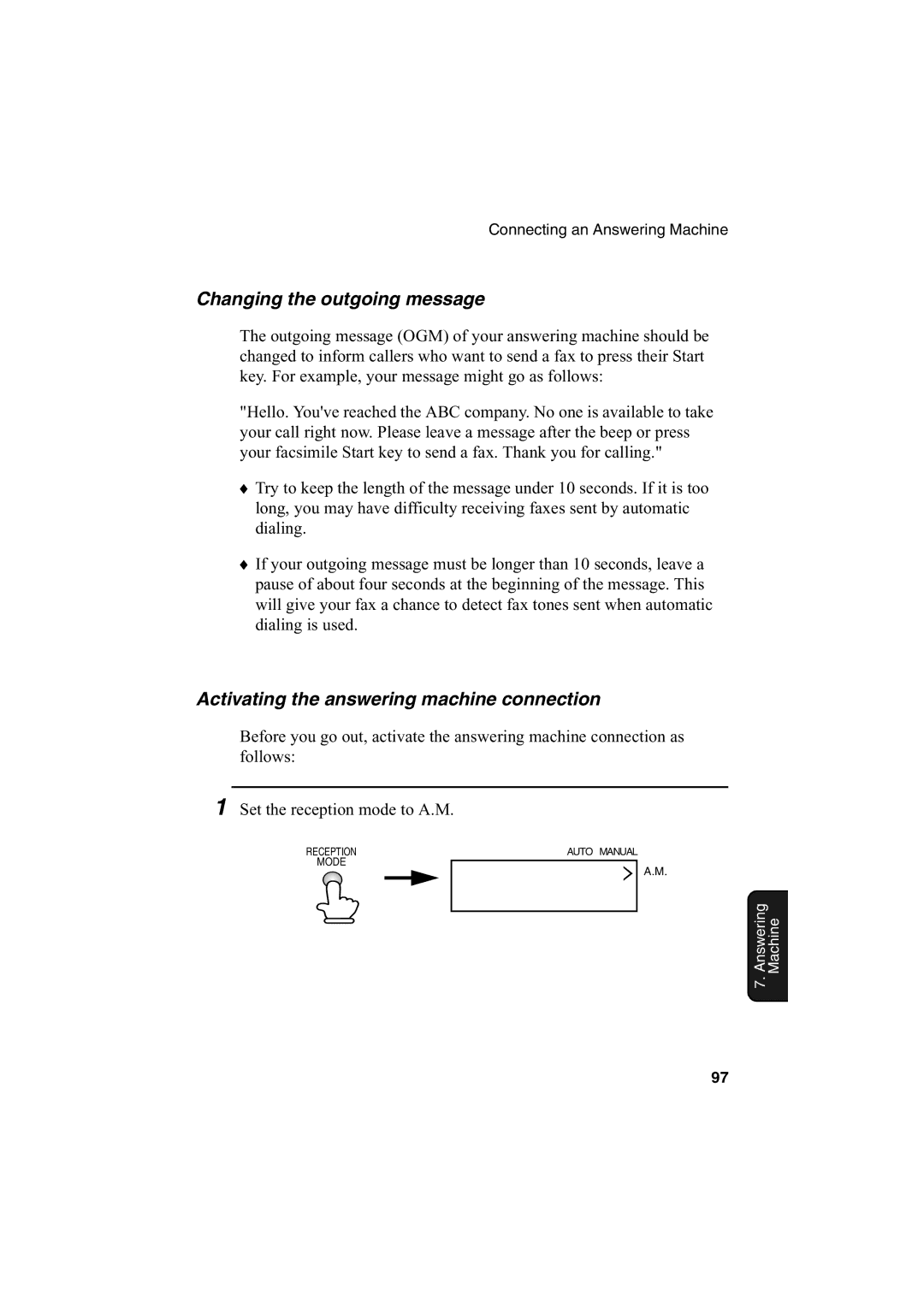 Sharp AJ-5030 operation manual Changing the outgoing message, Activating the answering machine connection 