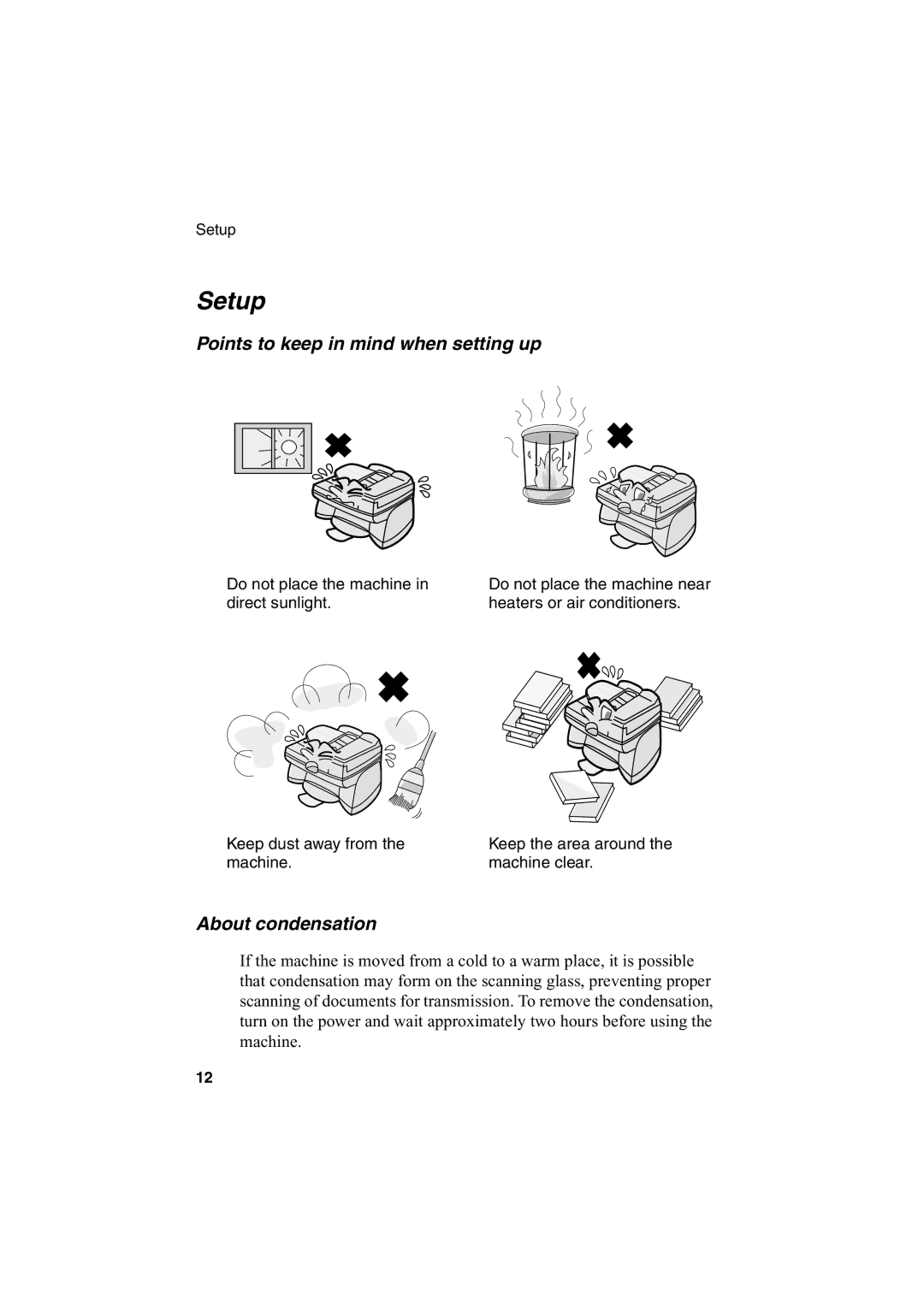 Sharp AJ-5030 operation manual Setup, Points to keep in mind when setting up, About condensation 