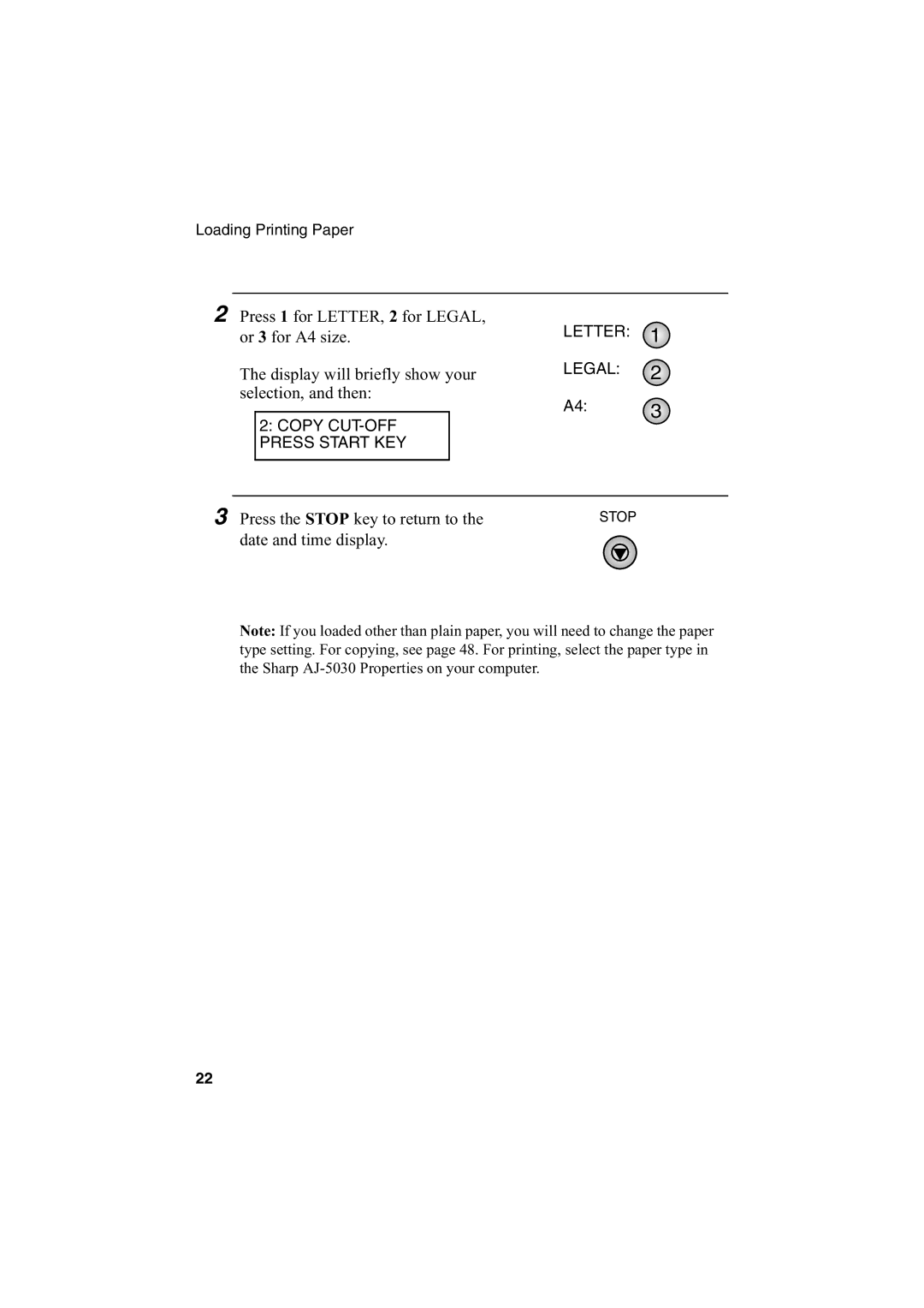 Sharp AJ-5030 operation manual Press 1 for LETTER, 2 for Legal 