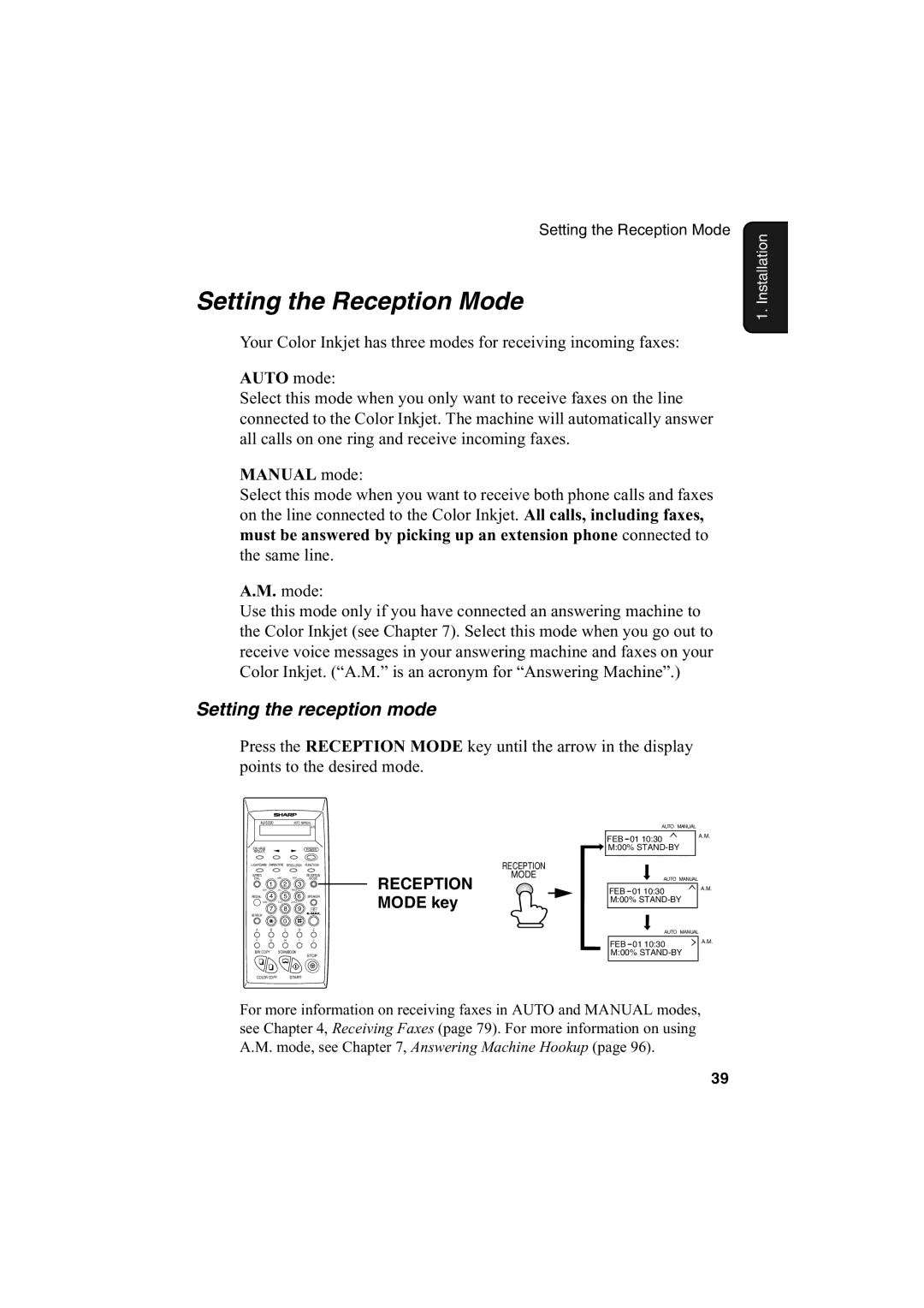 Sharp AJ-5030 operation manual Setting the Reception Mode, Setting the reception mode 