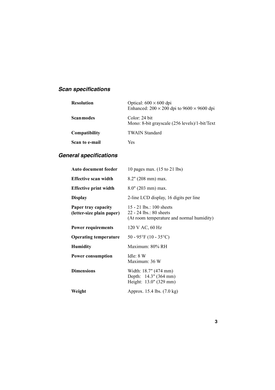 Sharp AJ-5030 operation manual Scan specifications, General specifications 