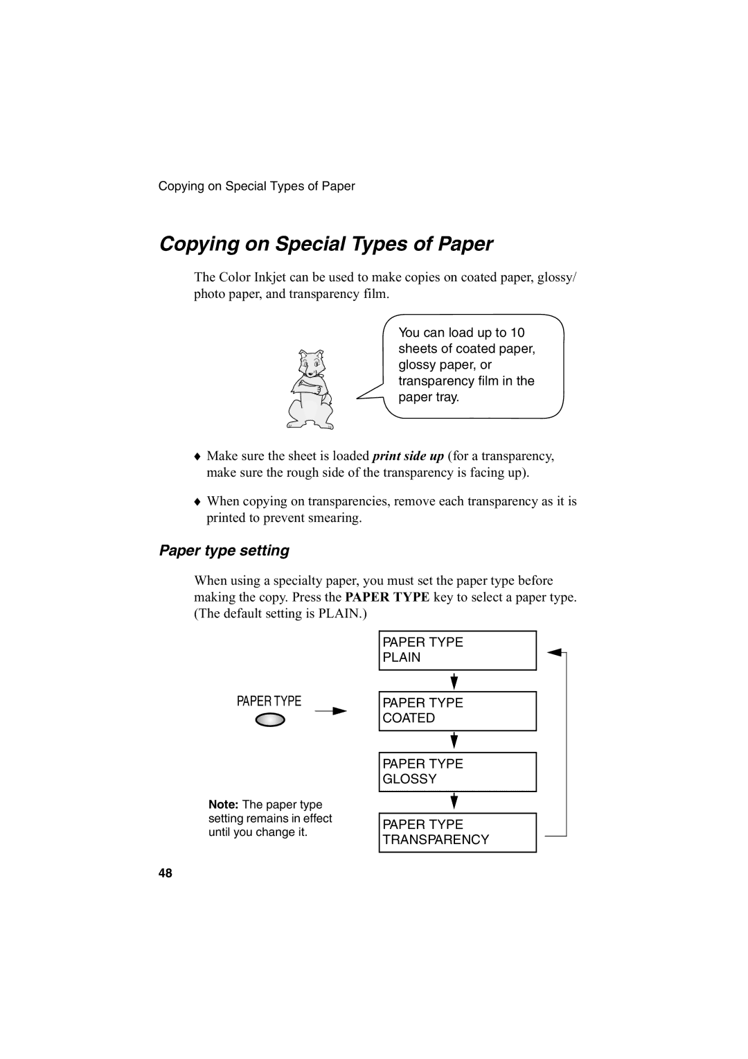 Sharp AJ-5030 operation manual Copying on Special Types of Paper, Paper type setting 