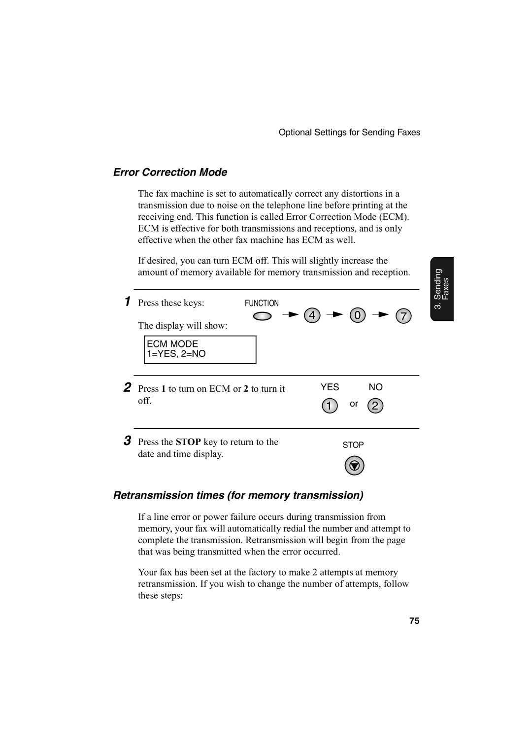 Sharp AJ-5030 operation manual Error Correction Mode, Retransmission times for memory transmission 