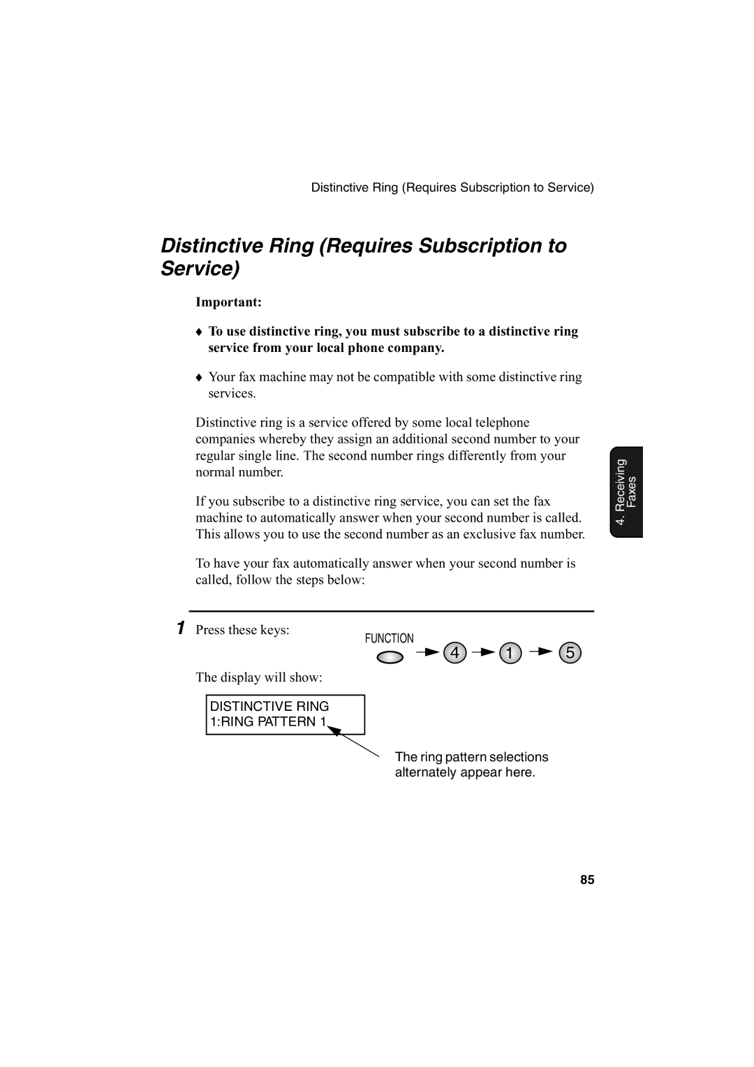 Sharp AJ-5030 operation manual Distinctive Ring Requires Subscription to Service, Distinctive Ring 1RING Pattern 