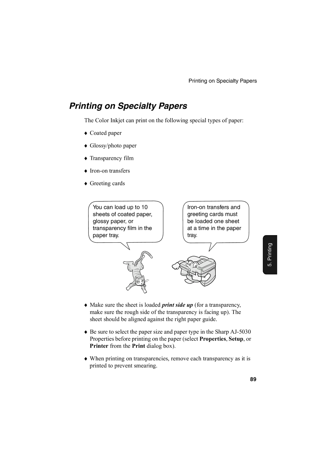 Sharp AJ-5030 operation manual Printing on Specialty Papers, Paper tray Tray 