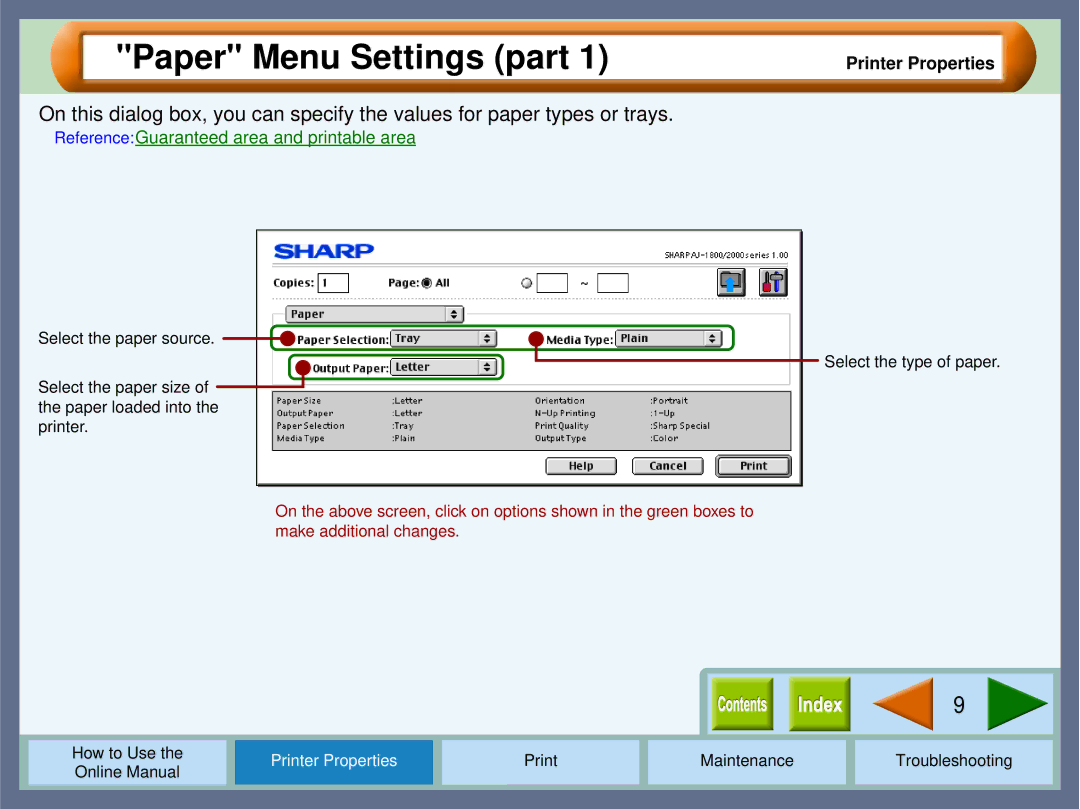 Sharp AJ2000 manual Paper Menu Settings part, ReferenceGuaranteed area and printable area 