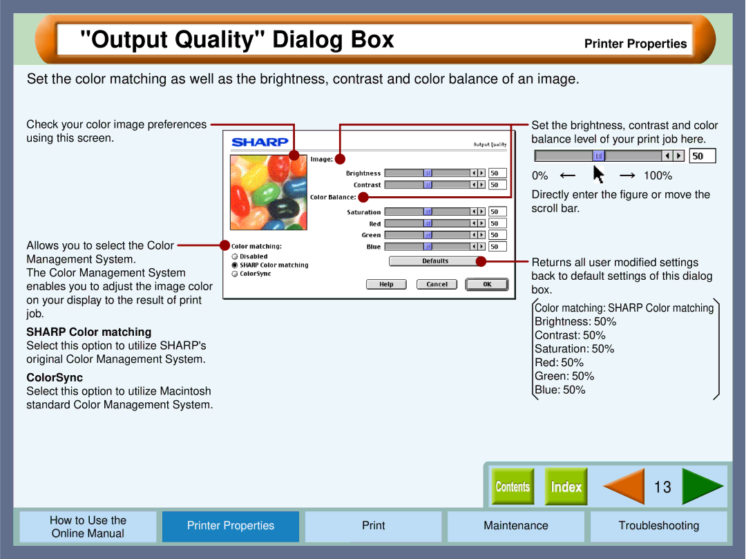 Sharp AJ2000 manual Output Quality Dialog Box, ColorSync 