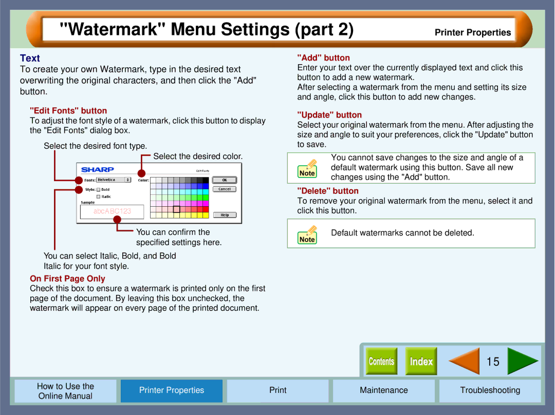 Sharp AJ2000 manual Text, Edit Fonts button 