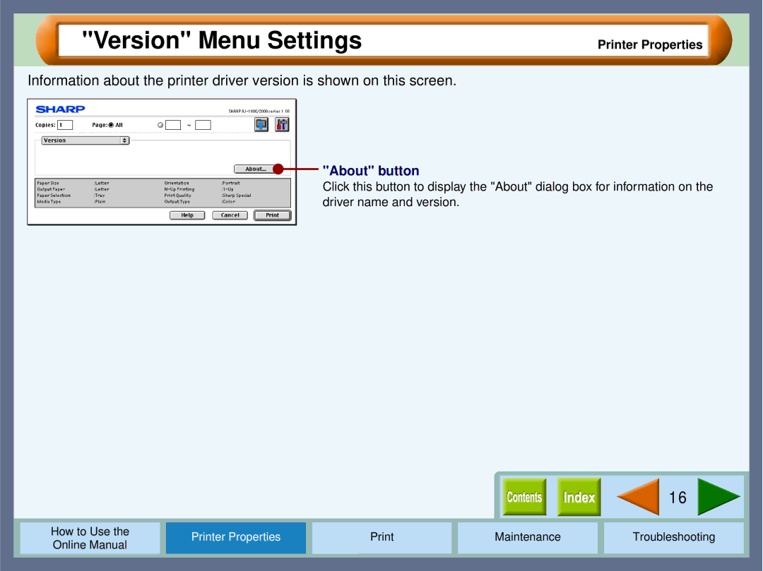 Sharp AJ2000 manual Version Menu Settings, About button 