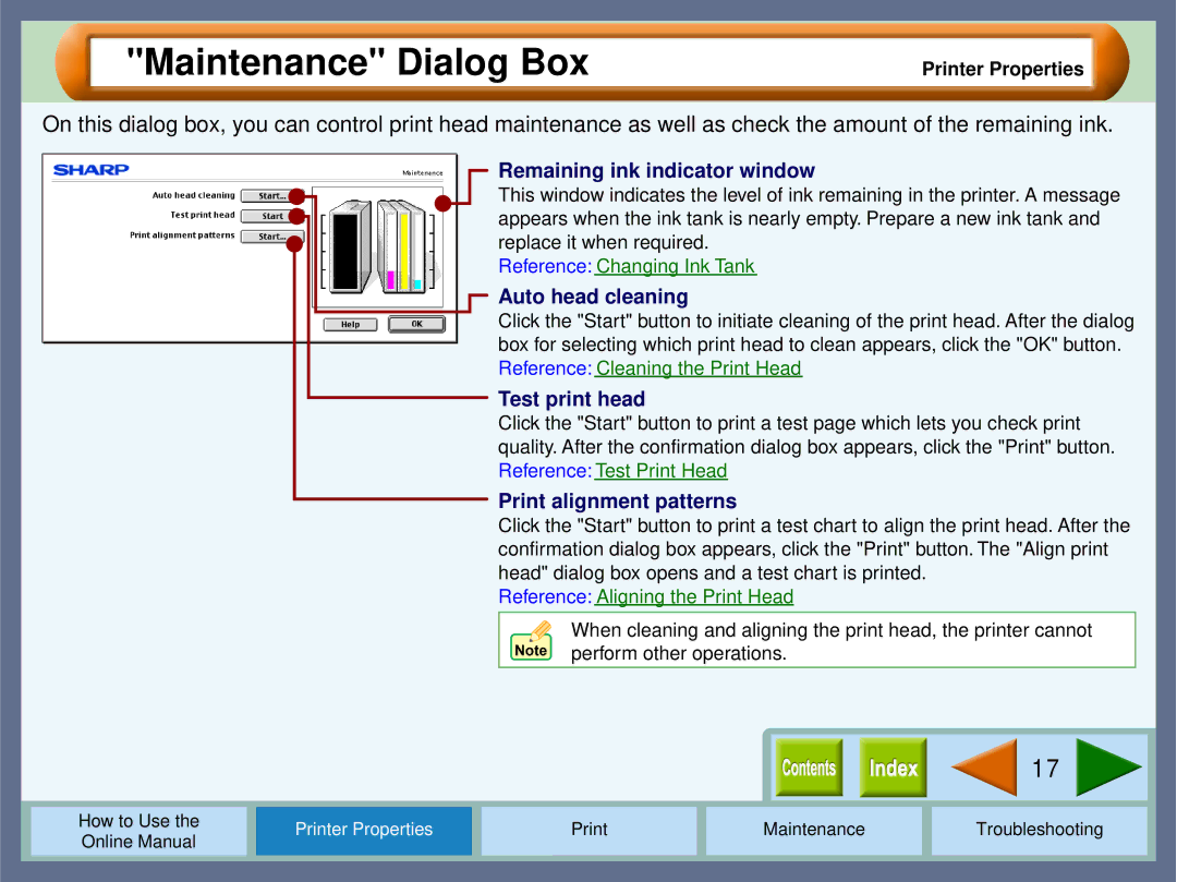 Sharp AJ2000 manual Maintenance Dialog Box, Remaining ink indicator window 