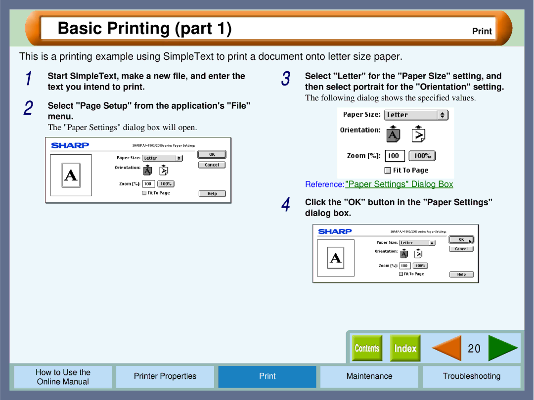 Sharp AJ2000 manual Basic Printing part, Click the OK button in the Paper Settings dialog box 