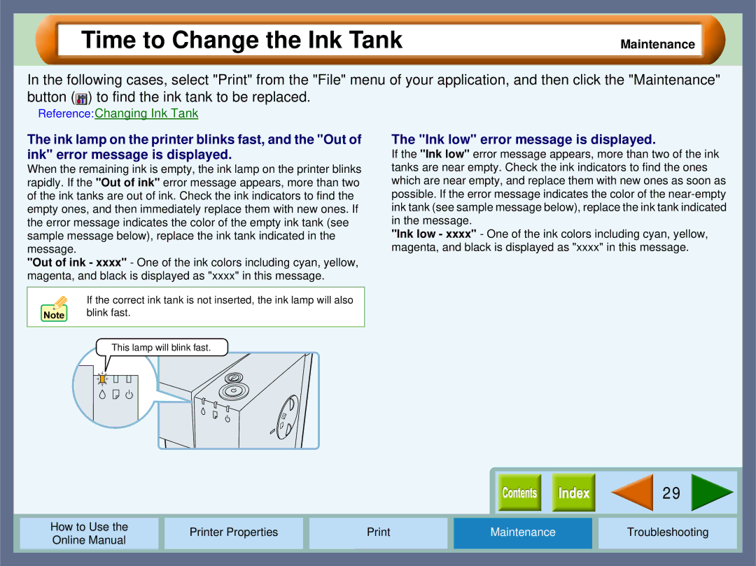 Sharp AJ2000 manual Time to Change the Ink Tank, Ink low error message is displayed, Maintenance 