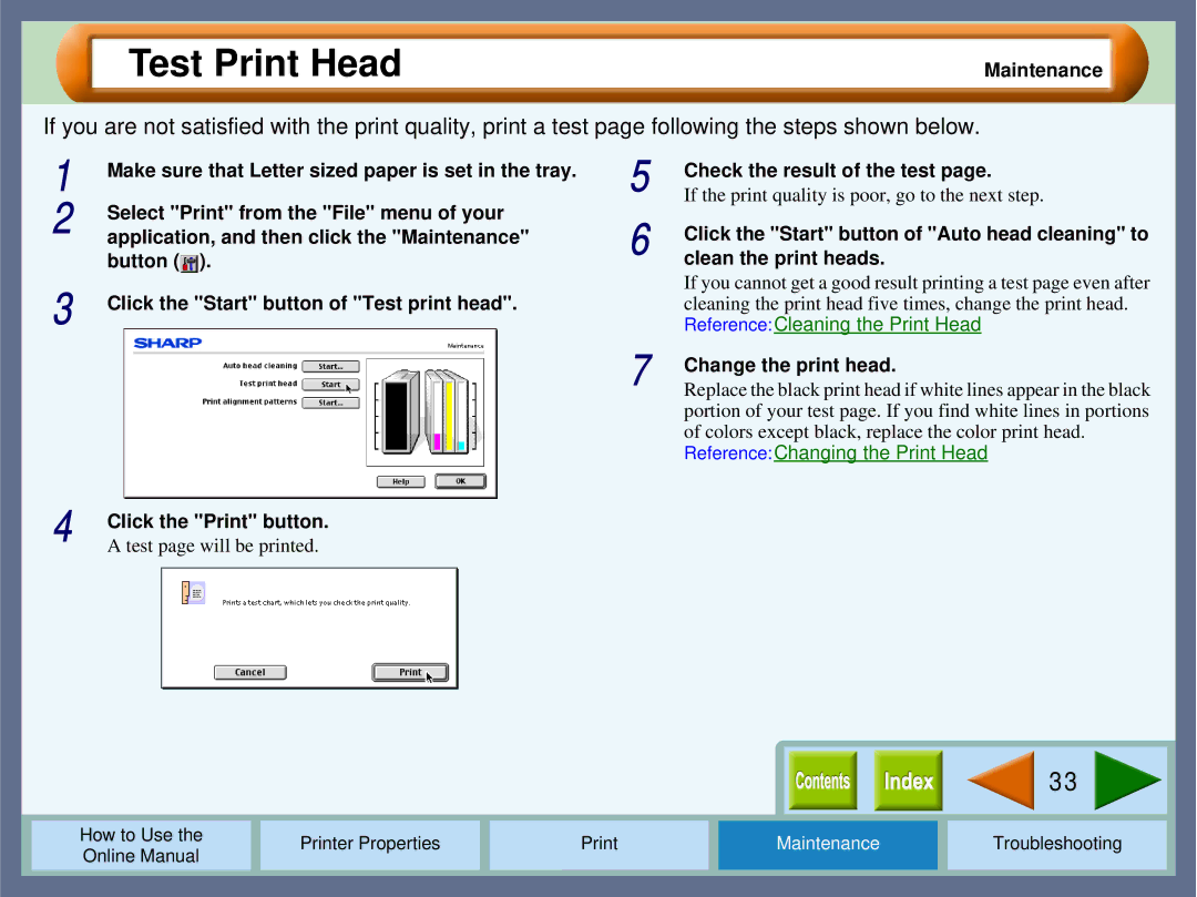 Sharp AJ2000 manual Test Print Head, Check the result of the test, Change the print head 