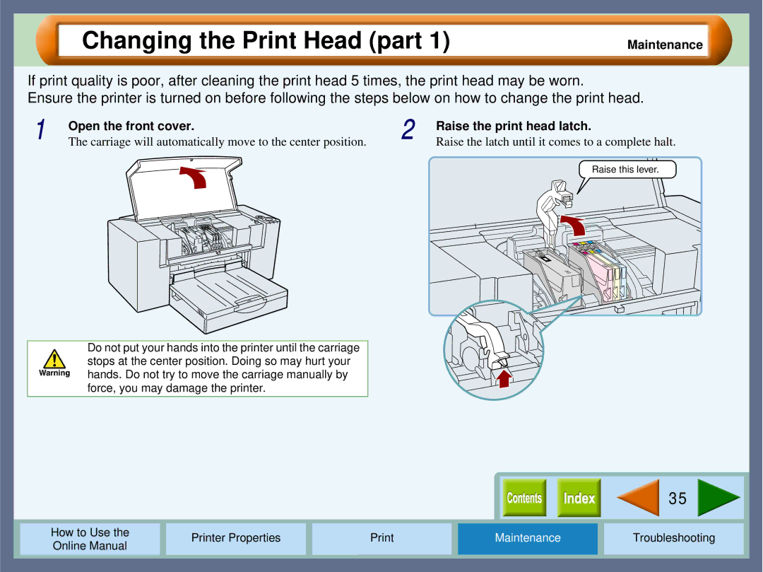 Sharp AJ2000 manual Changing the Print Head part, Open the front cover Raise the print head latch 