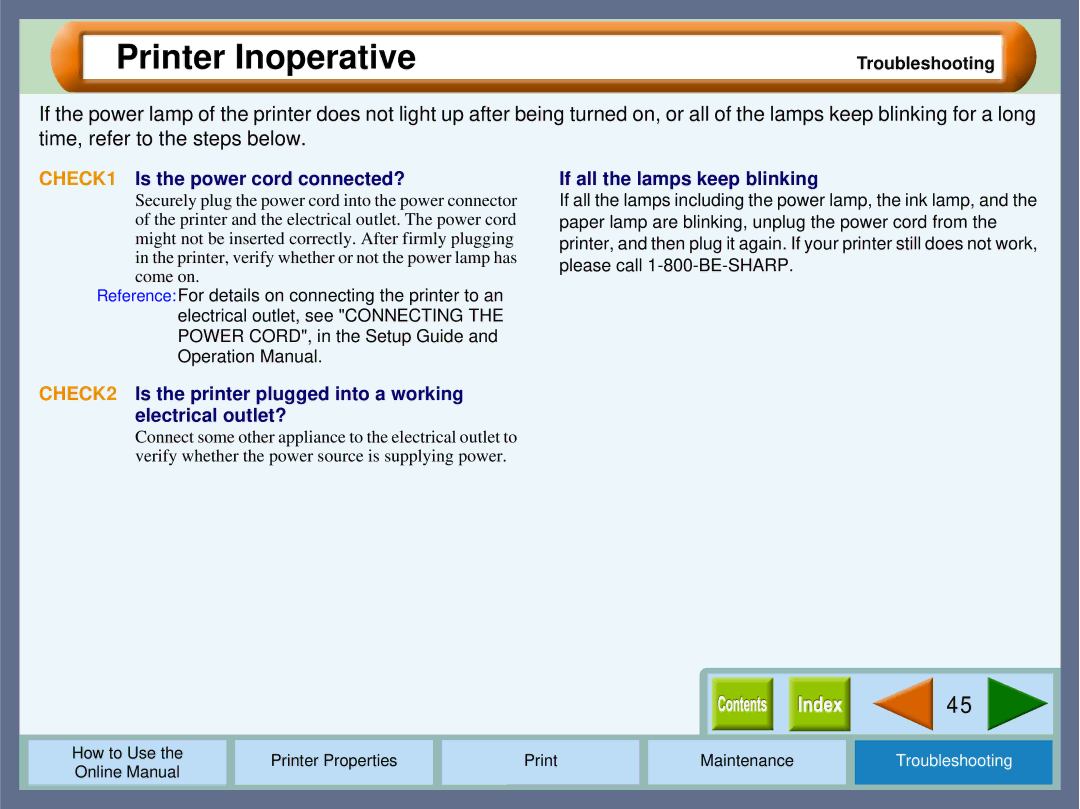 Sharp AJ2000 manual Printer Inoperative, CHECK1 Is the power cord connected?, If all the lamps keep blinking 