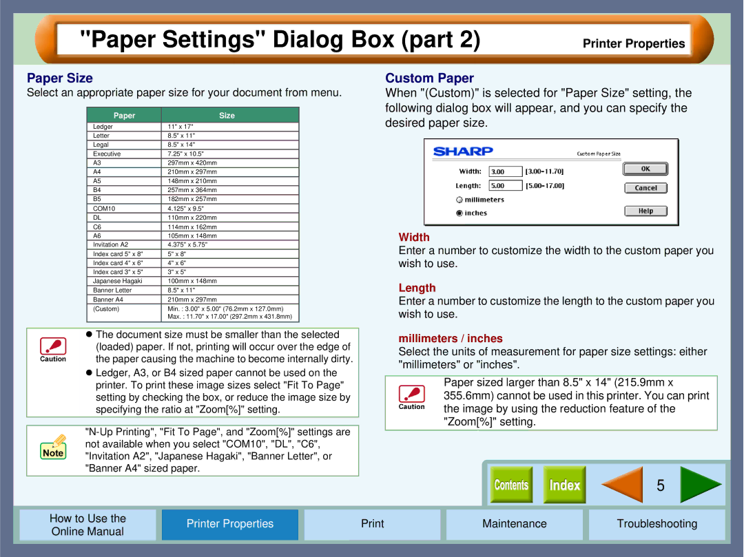 Sharp AJ2000 manual Paper Size, Custom Paper 