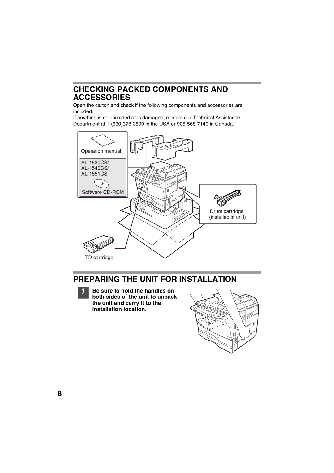 Sharp AL-1215 operation manual Checking Packed Components and Accessories, Preparing the Unit for Installation 