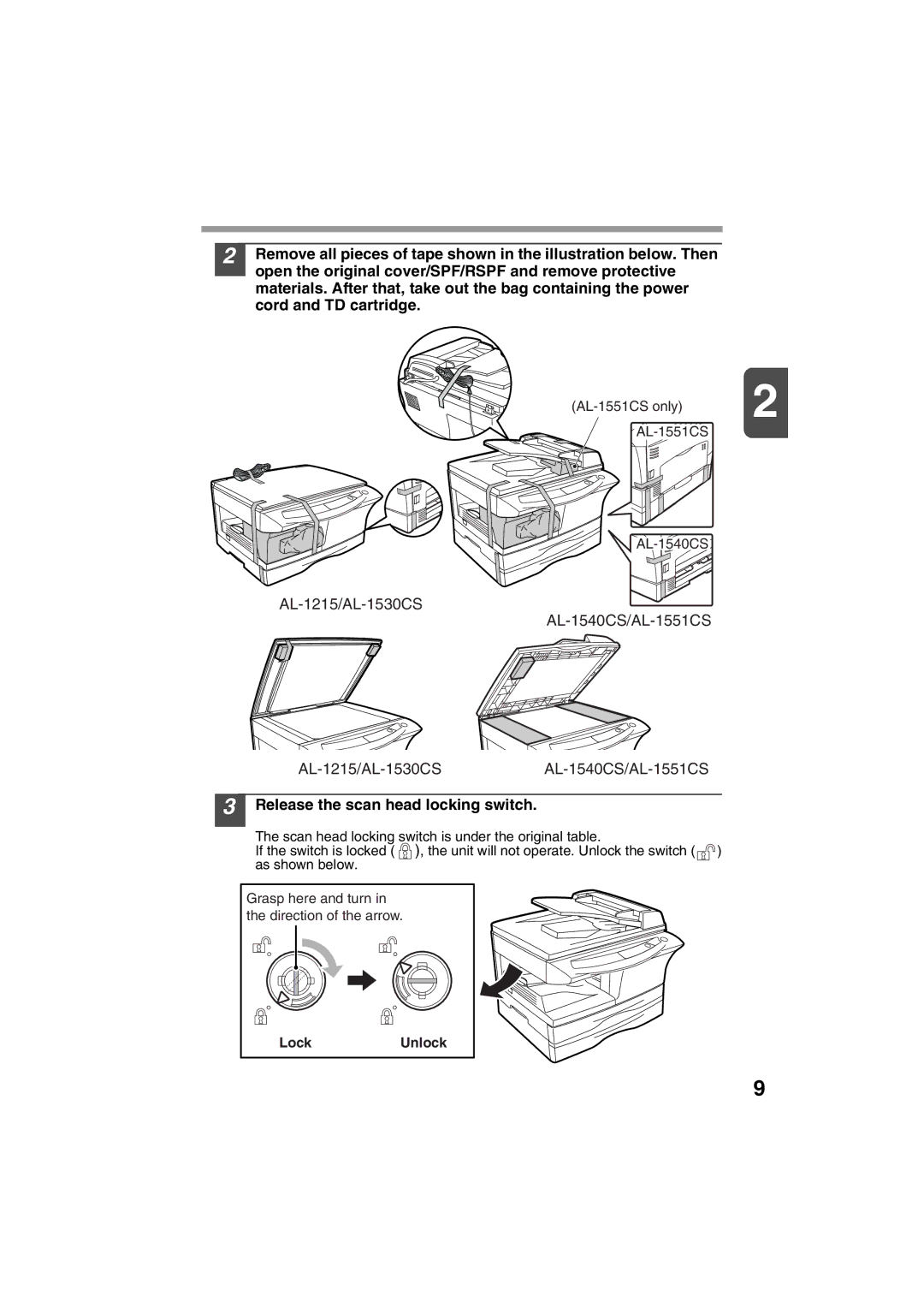 Sharp AL-1215 operation manual Release the scan head locking switch, LockUnlock 