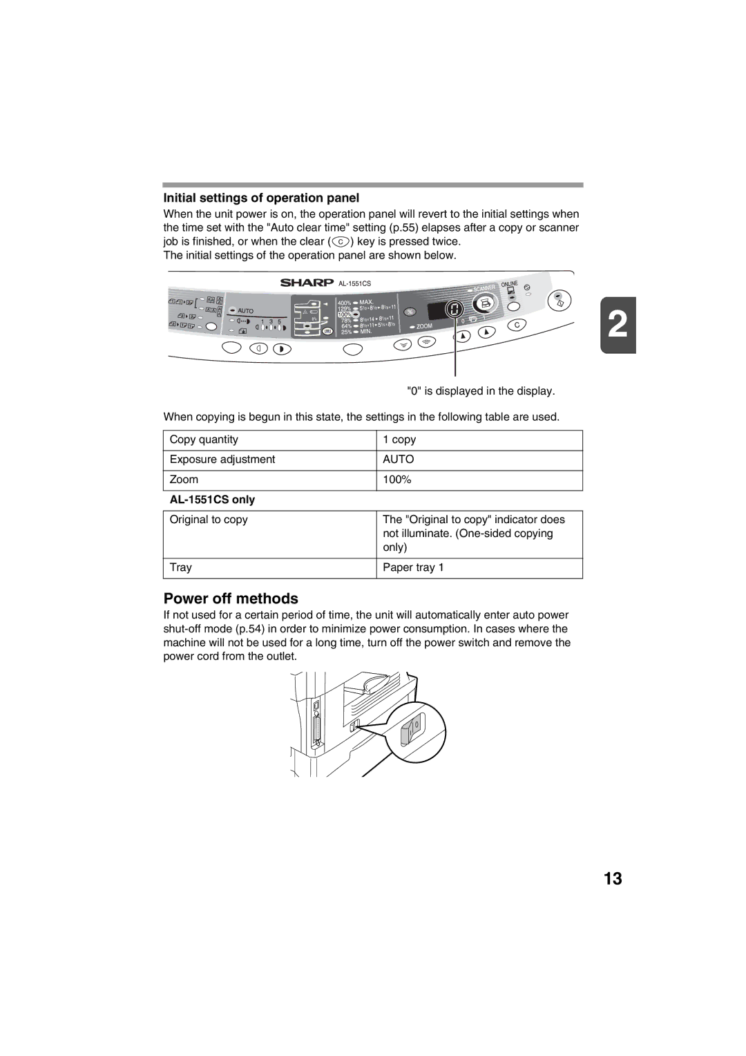 Sharp AL-1215 operation manual Power off methods, Initial settings of operation panel, AL-1551CS only 