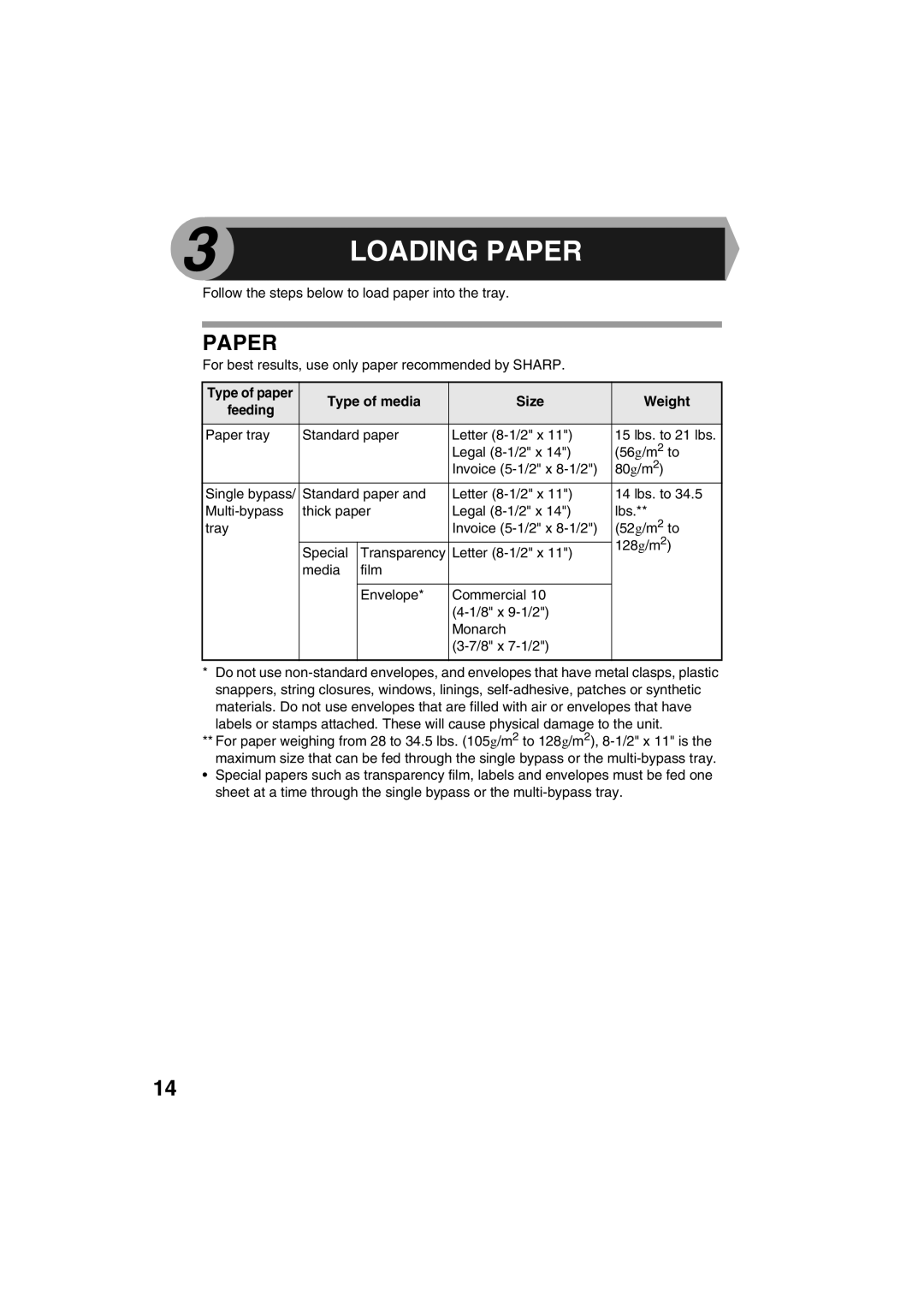 Sharp AL-1215 operation manual Paper, Type of paper Type of media Size Weight Feeding 