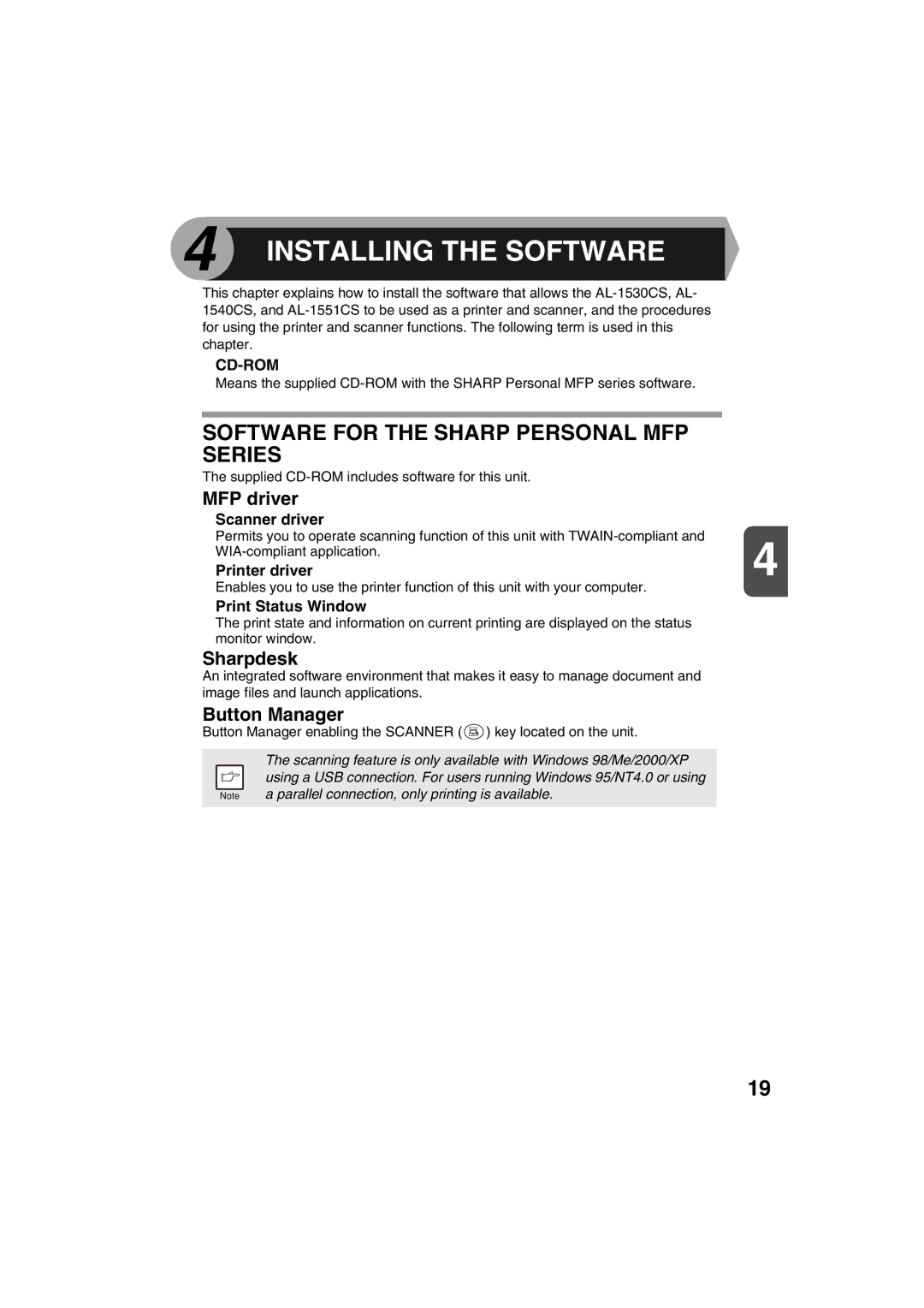 Sharp AL-1215 operation manual Software for the Sharp Personal MFP Series, MFP driver, Sharpdesk, Button Manager 