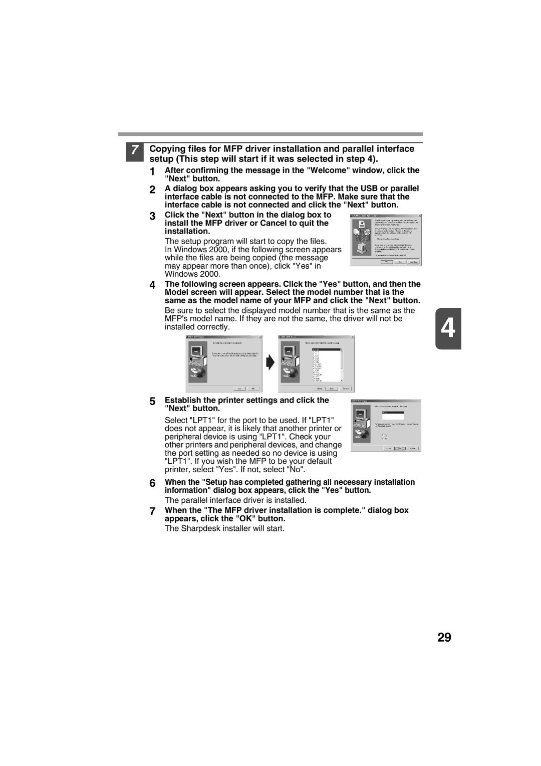 Sharp AL-1215 operation manual Establish the printer settings and click the Next button 