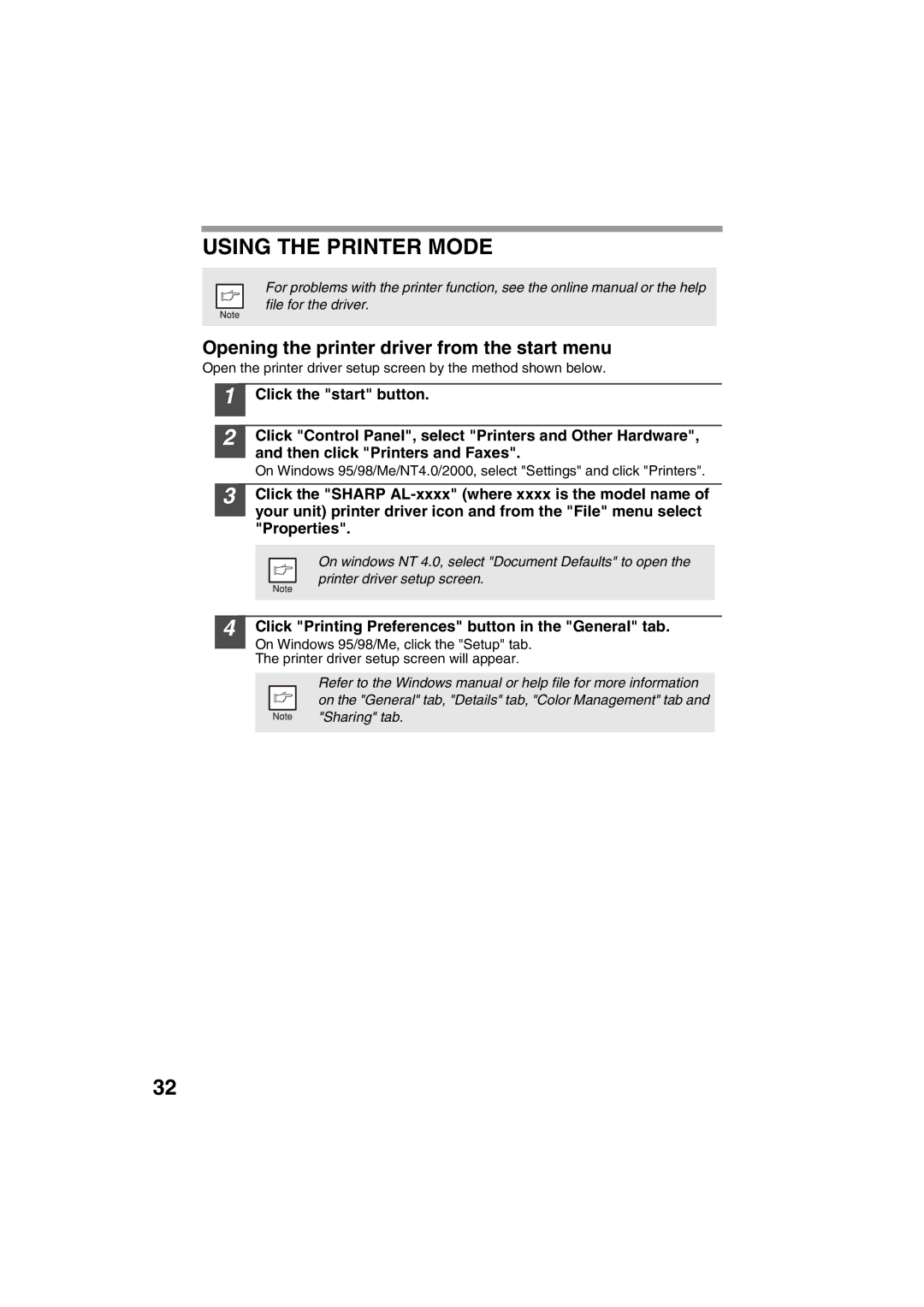 Sharp AL-1215 operation manual Using the Printer Mode, Opening the printer driver from the start menu 