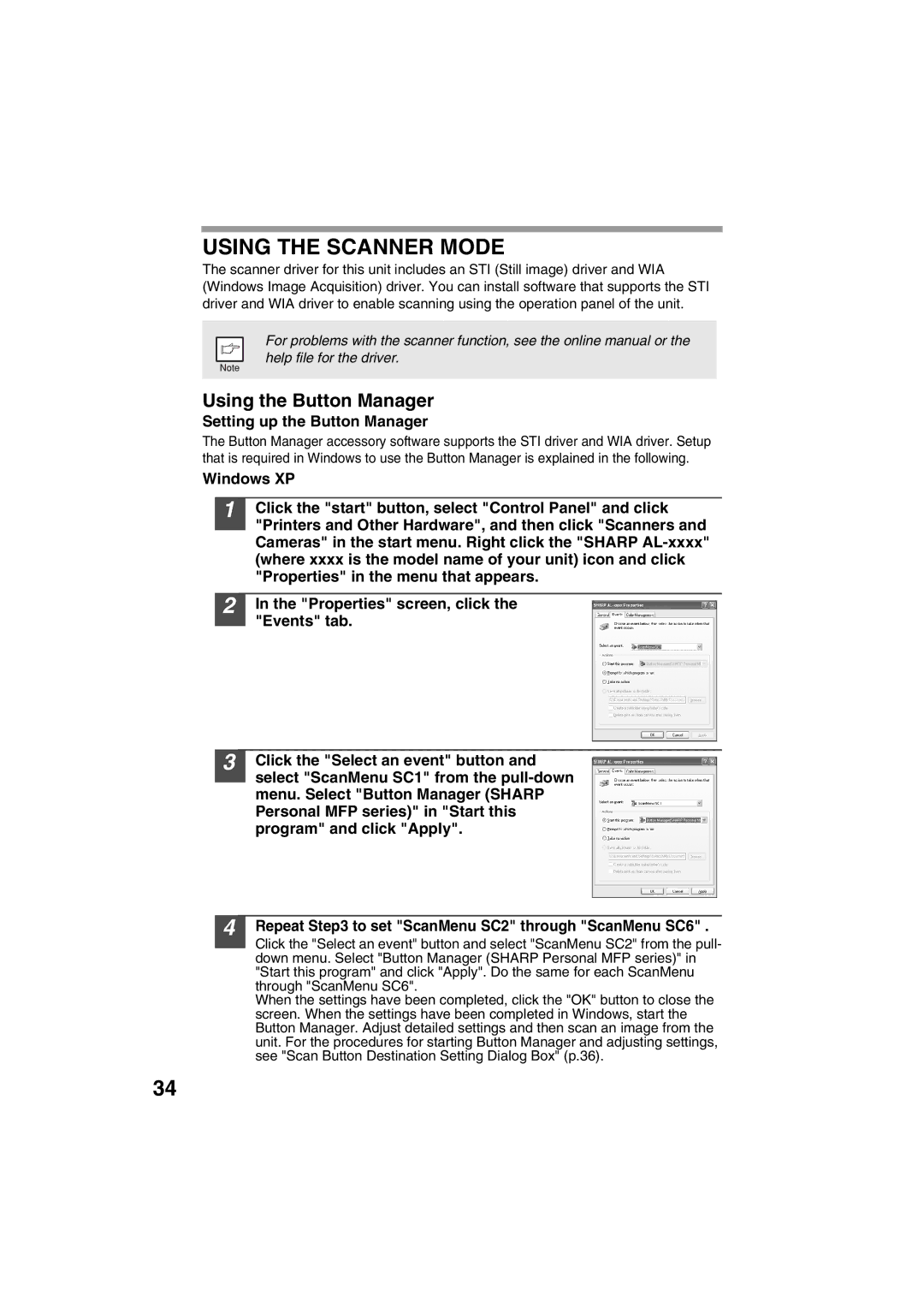 Sharp AL-1215 operation manual Using the Scanner Mode, Using the Button Manager, Setting up the Button Manager 