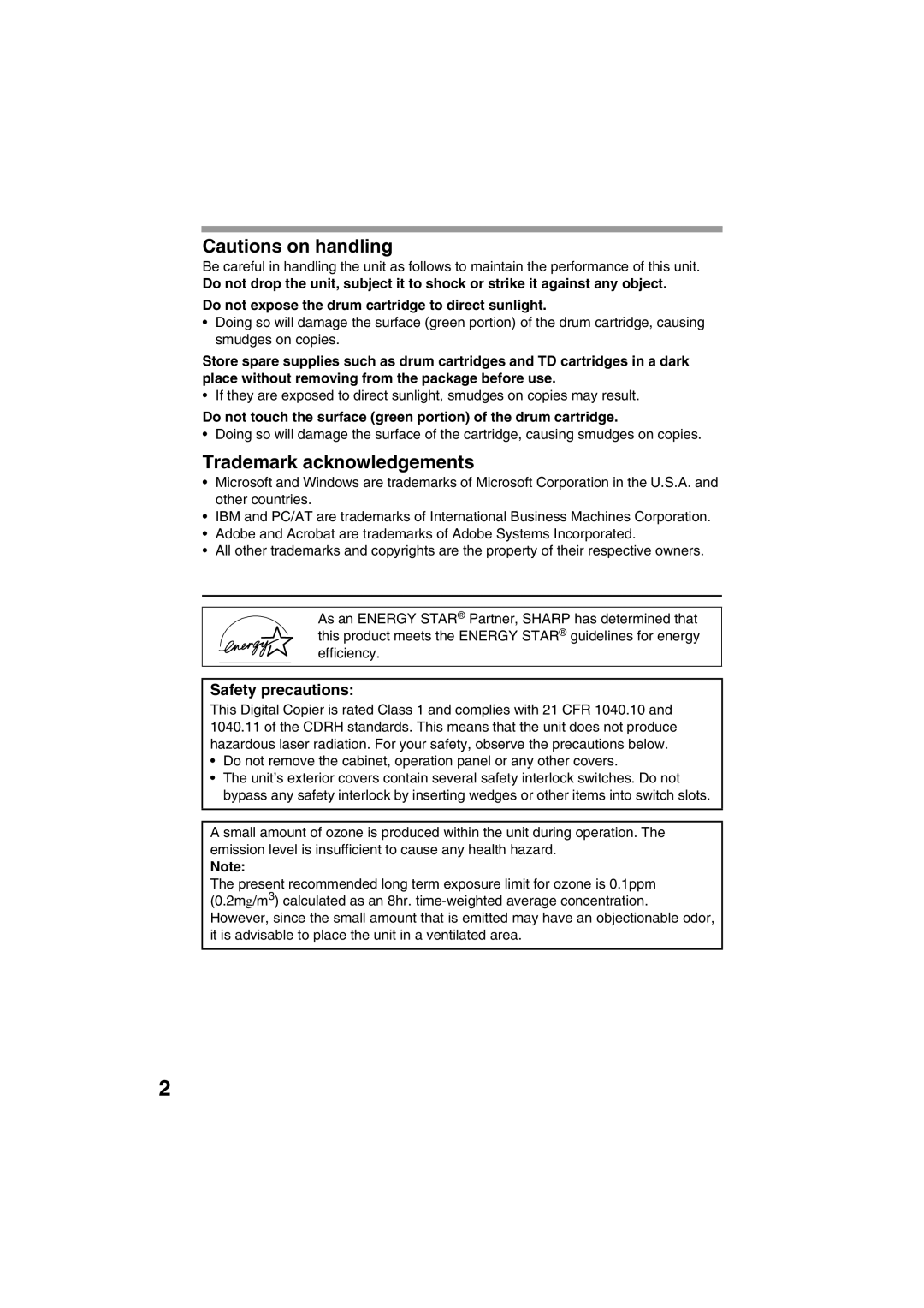 Sharp AL-1215 operation manual Trademark acknowledgements, Safety precautions 