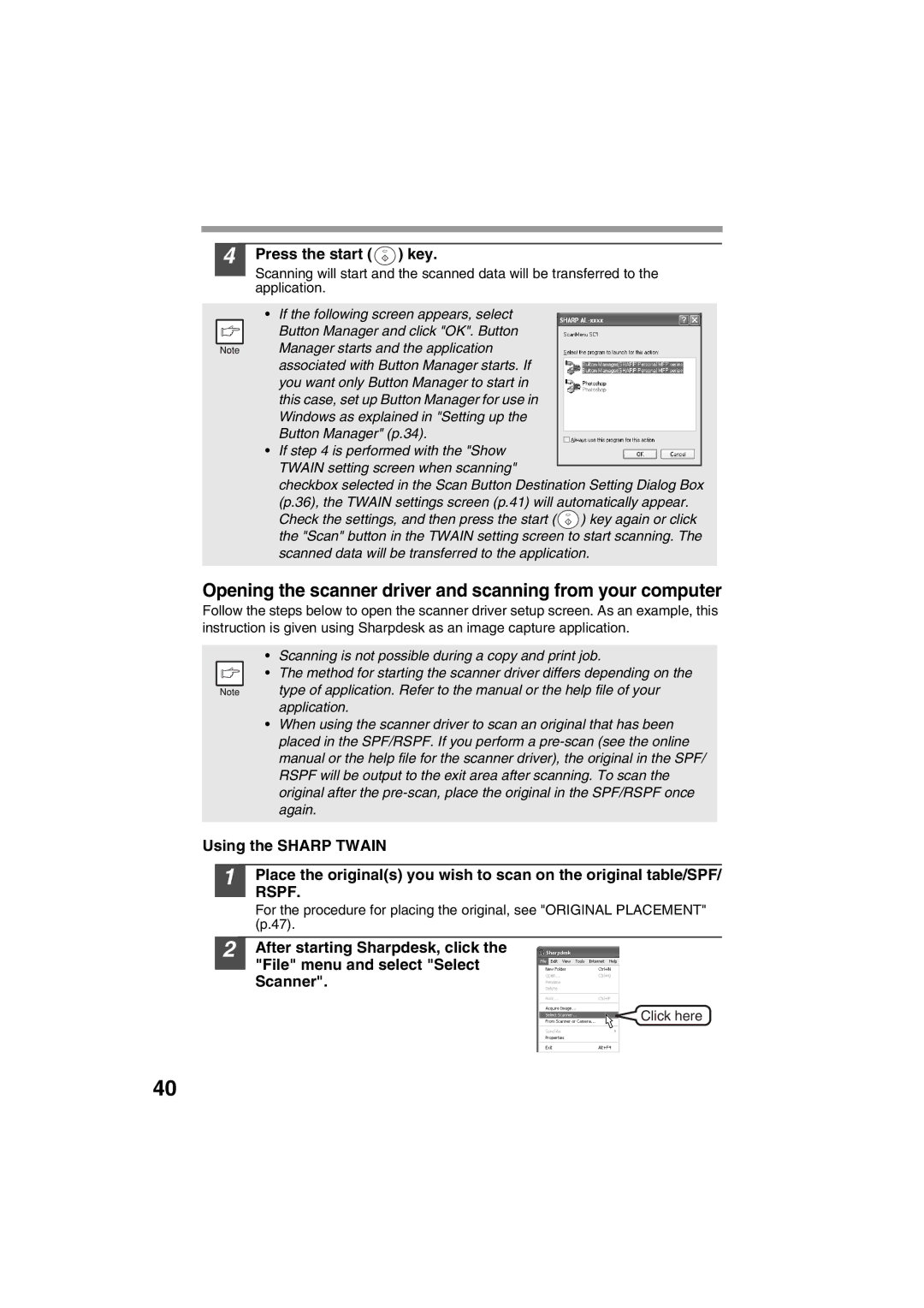 Sharp AL-1215 operation manual Opening the scanner driver and scanning from your computer, Press the start Key 