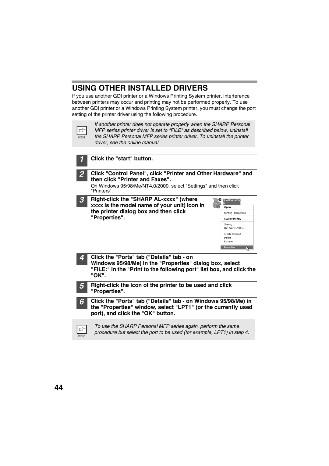 Sharp AL-1215 operation manual Using Other Installed Drivers 